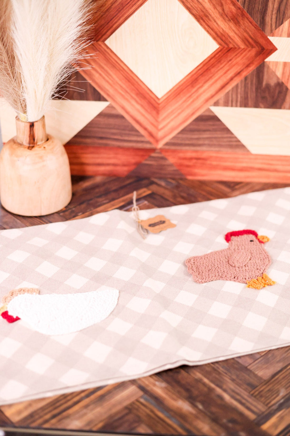 Gingham Table Runner with Crochet Farm Animal - Whiskey Skies - MUD PIE