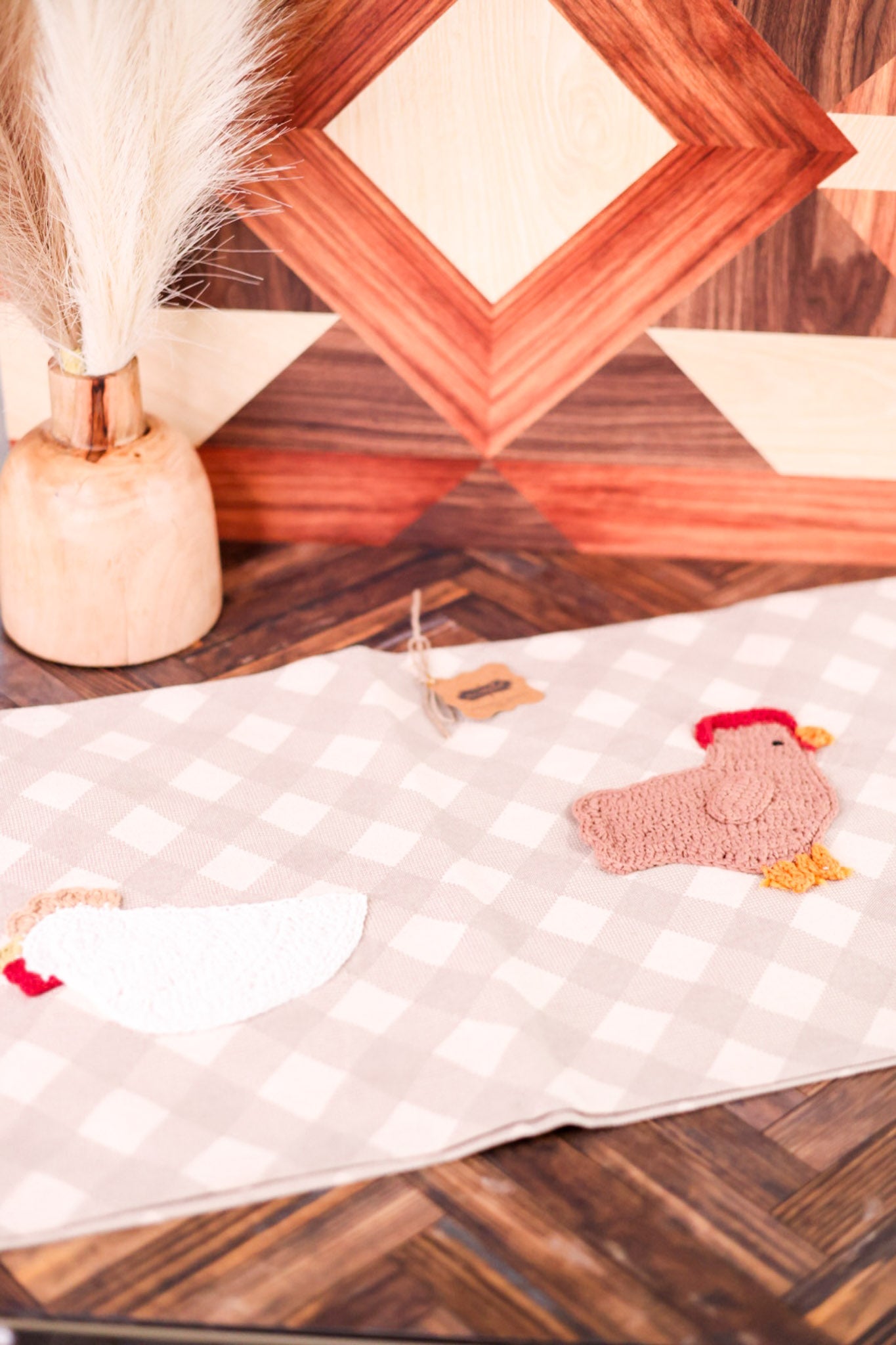 Gingham Table Runner with Crochet Farm Animal - Whiskey Skies - MUD PIE