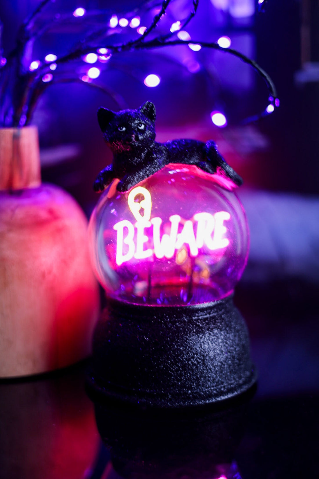 Glittering Black Cat Globe With Neon "Beware" Sign - Whiskey Skies - RAZ IMPORTS