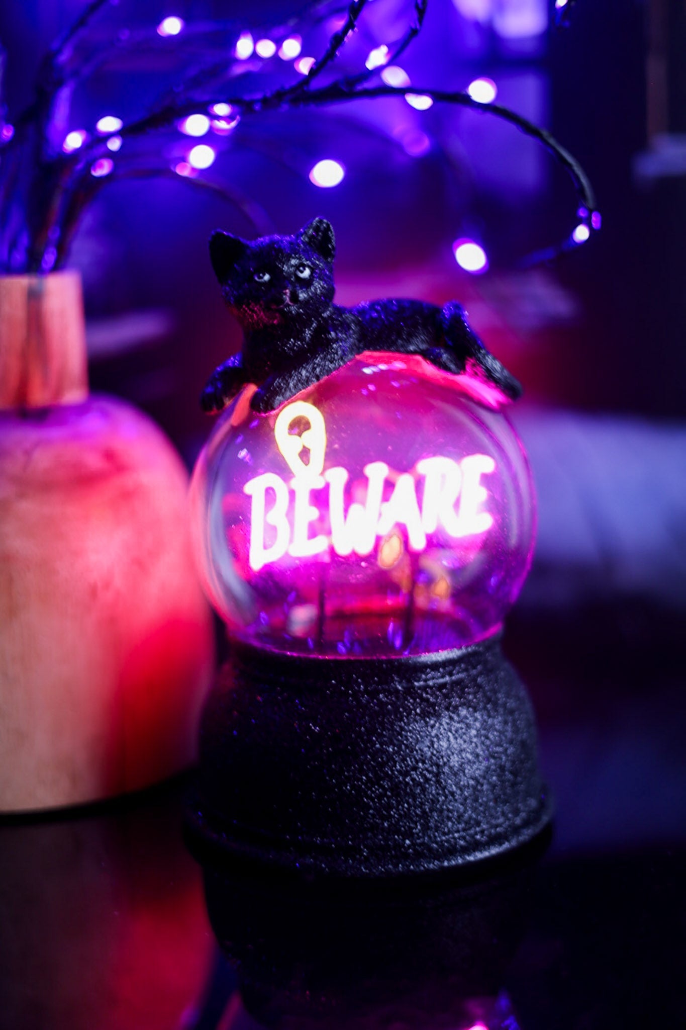 Glittering Black Cat Globe With Neon "Beware" Sign - Whiskey Skies - RAZ IMPORTS