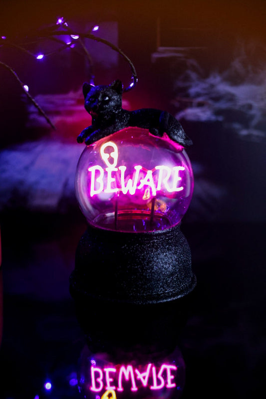 Glittering Black Cat Globe With Neon "Beware" Sign - Whiskey Skies - RAZ IMPORTS