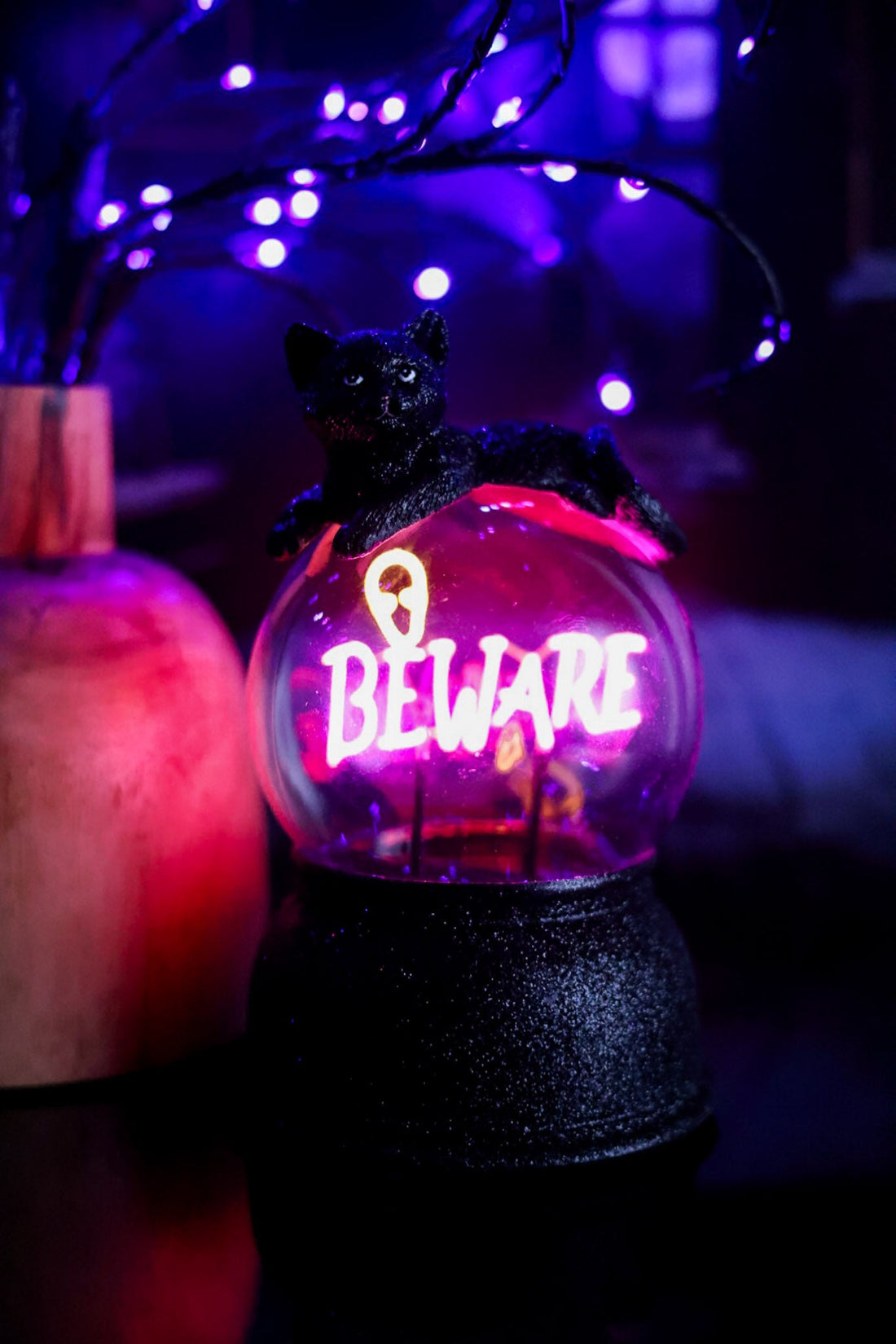 Glittering Black Cat Globe With Neon "Beware" Sign - Whiskey Skies - RAZ IMPORTS