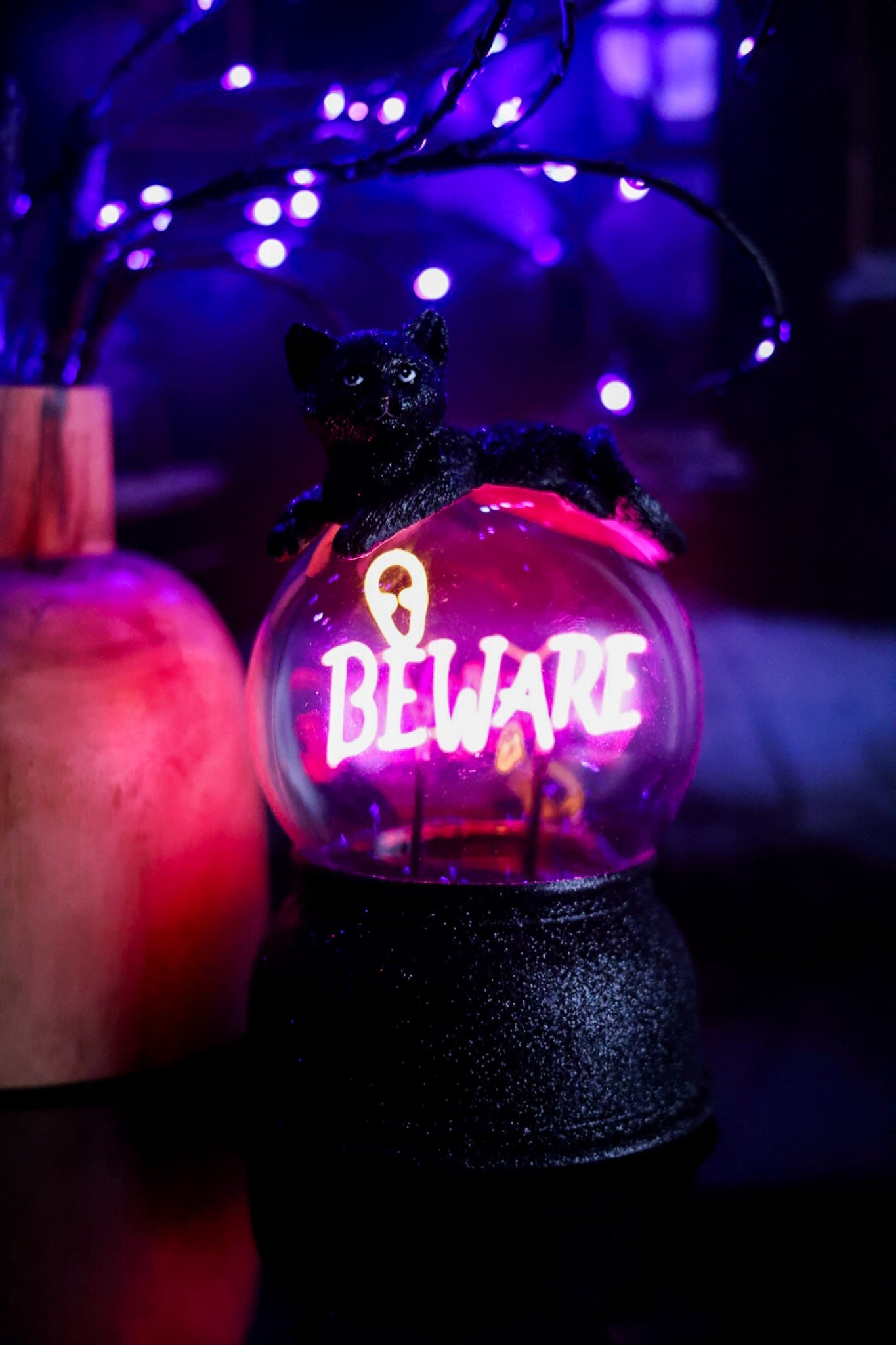 Glittering Black Cat Globe With Neon "Beware" Sign - Whiskey Skies - RAZ IMPORTS