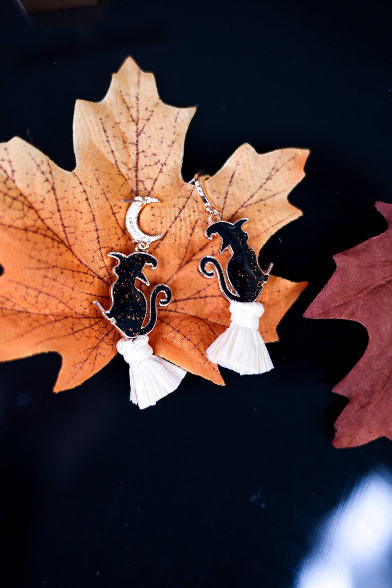 Glittering Black Cats on Brooms Earrings - Whiskey Skies - PERIWINKLE BY BARLOW