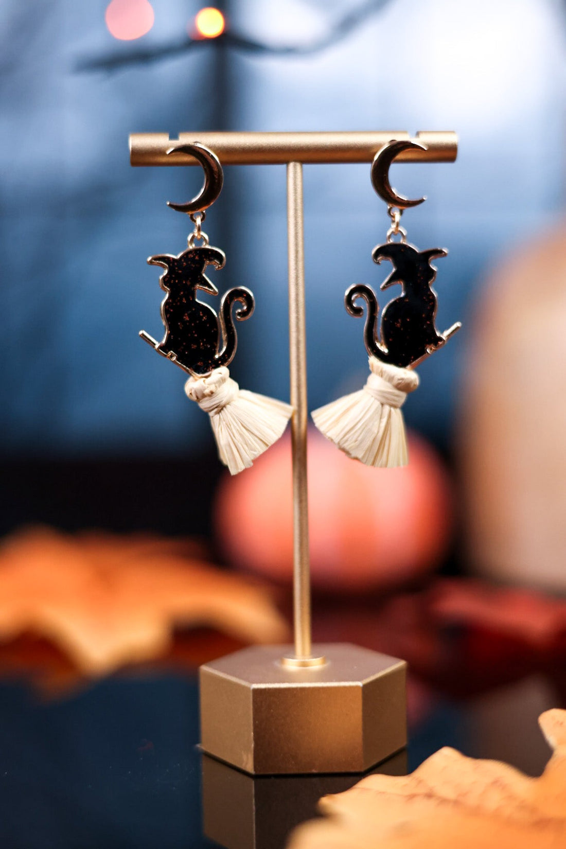 Glittering Black Cats on Brooms Earrings - Whiskey Skies - PERIWINKLE BY BARLOW