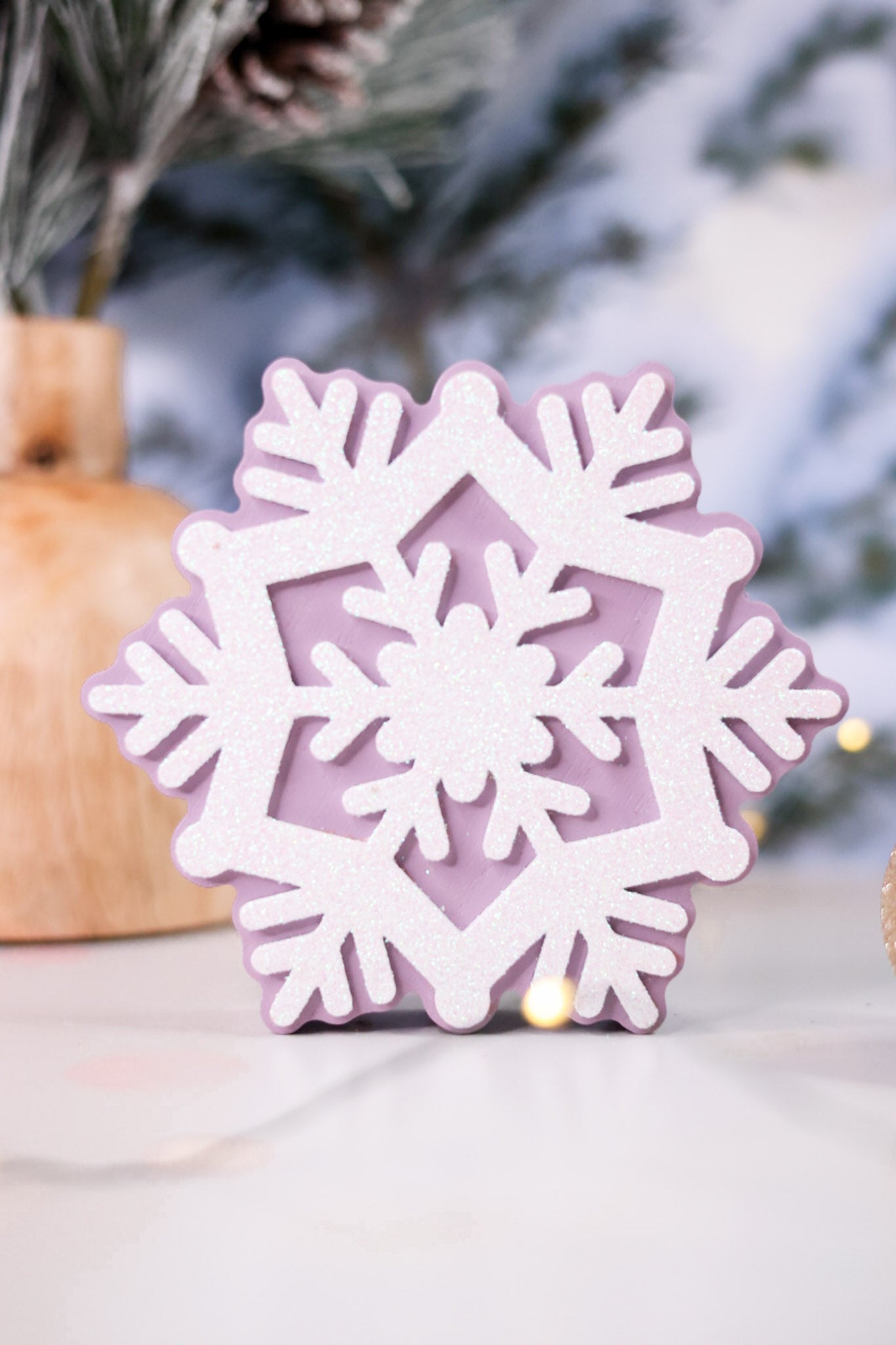 Glittering Purple Snowflake Wooden Sitters (4 Styles) - Whiskey Skies - YOUNG'S INC