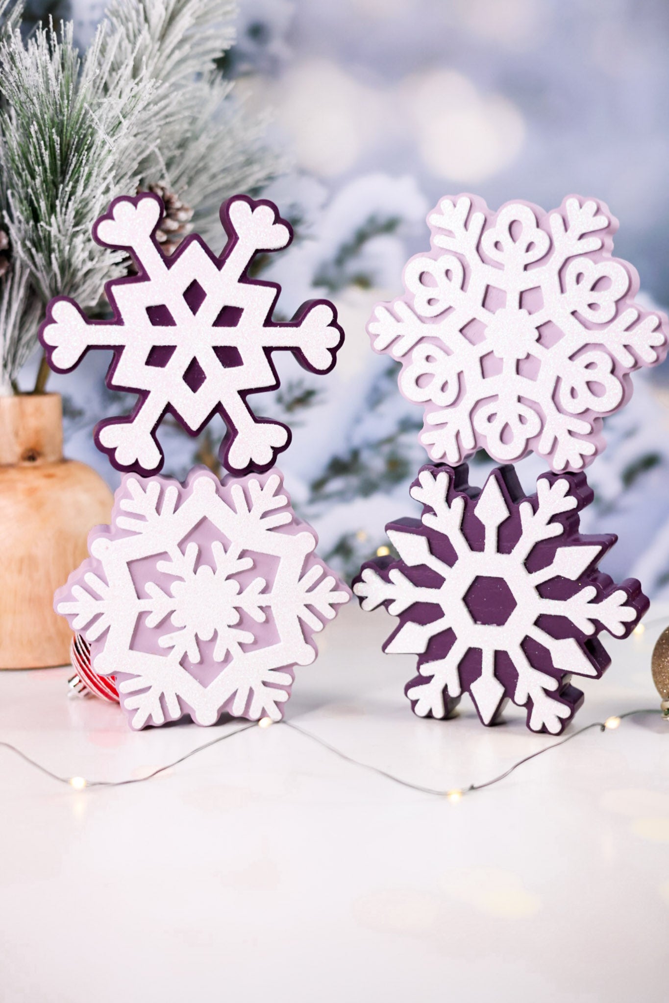 Glittering Purple Snowflake Wooden Sitters (4 Styles) - Whiskey Skies - YOUNG'S INC