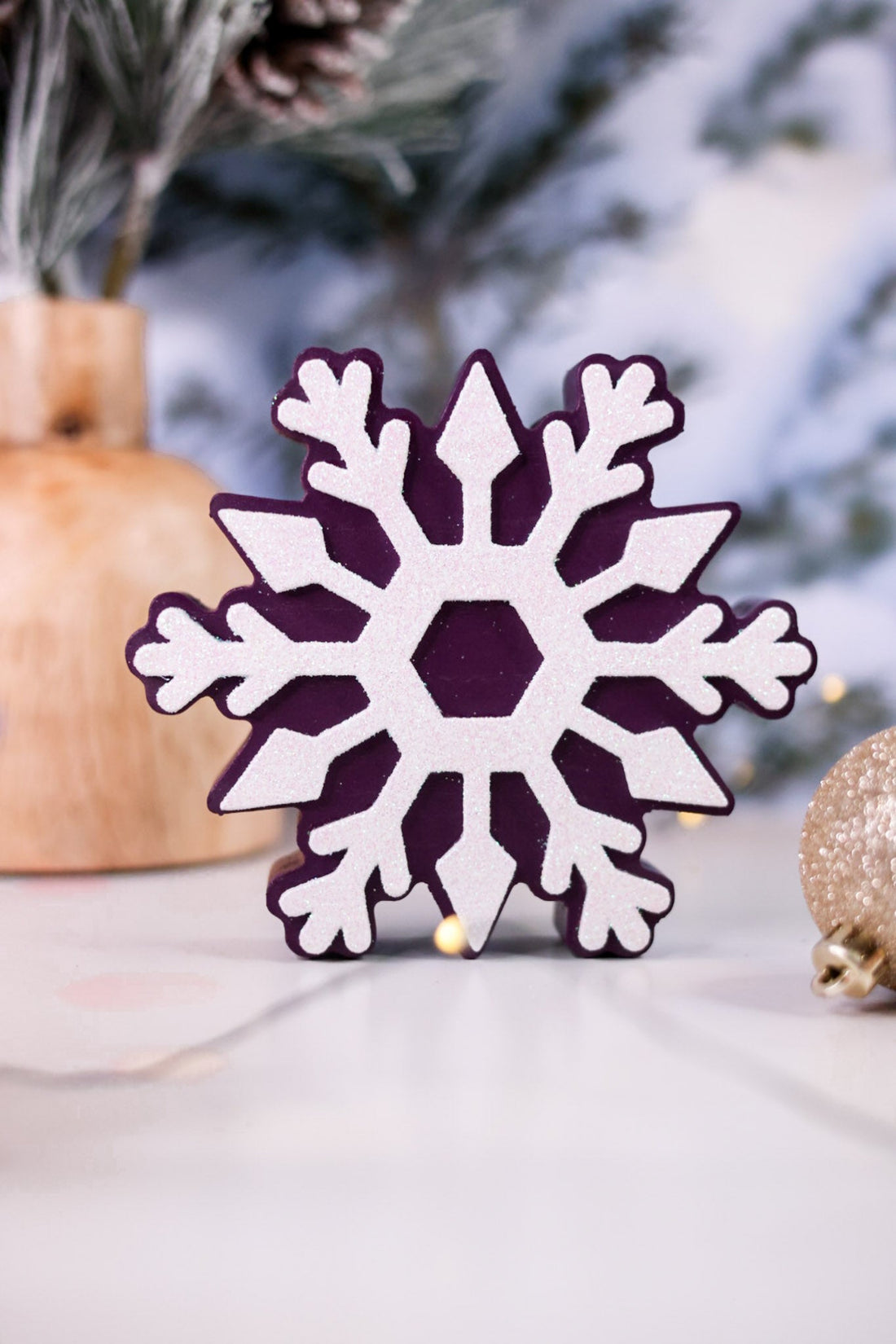 Glittering Purple Snowflake Wooden Sitters (4 Styles) - Whiskey Skies - YOUNG'S INC
