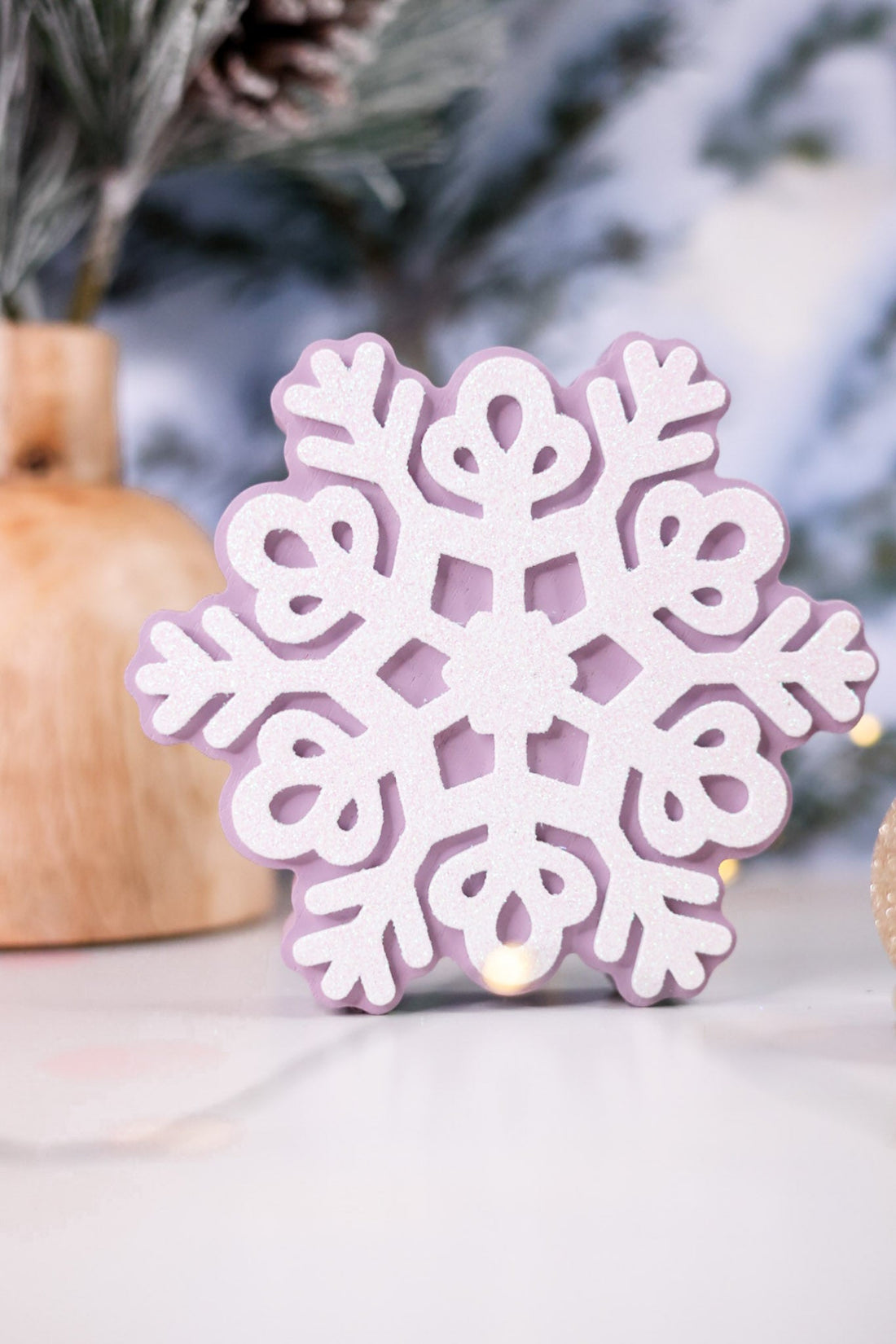 Glittering Purple Snowflake Wooden Sitters (4 Styles) - Whiskey Skies - YOUNG'S INC