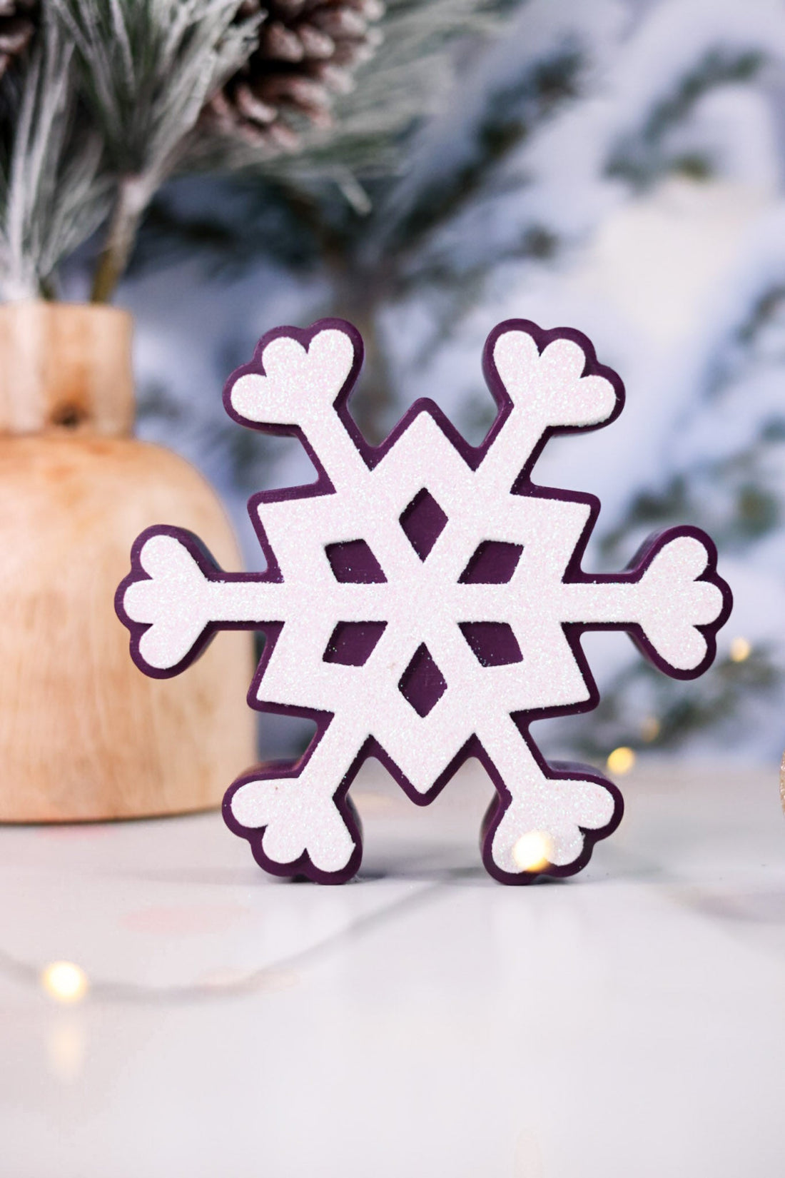 Glittering Purple Snowflake Wooden Sitters (4 Styles) - Whiskey Skies - YOUNG'S INC