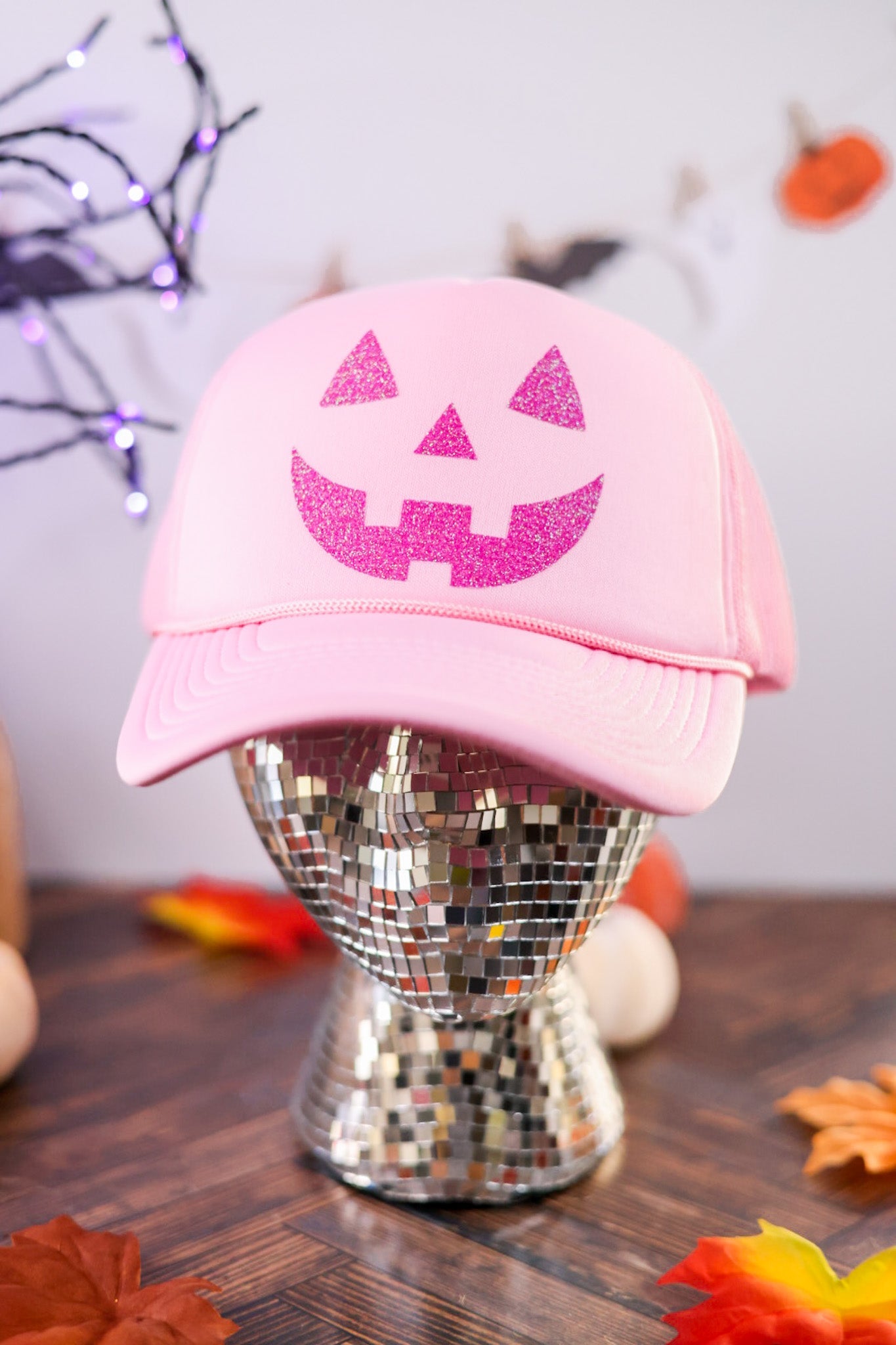 Glittery Pink Jack - O - Lantern Trucker Hat - Whiskey Skies - STATED BRANDS