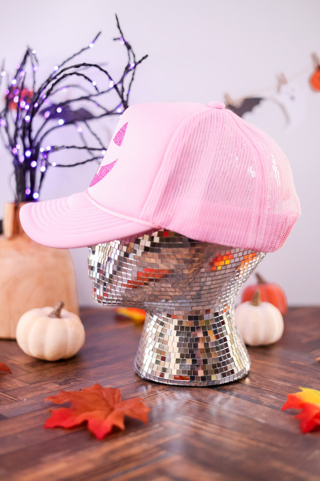 Glittery Pink Jack - O - Lantern Trucker Hat - Whiskey Skies - STATED BRANDS