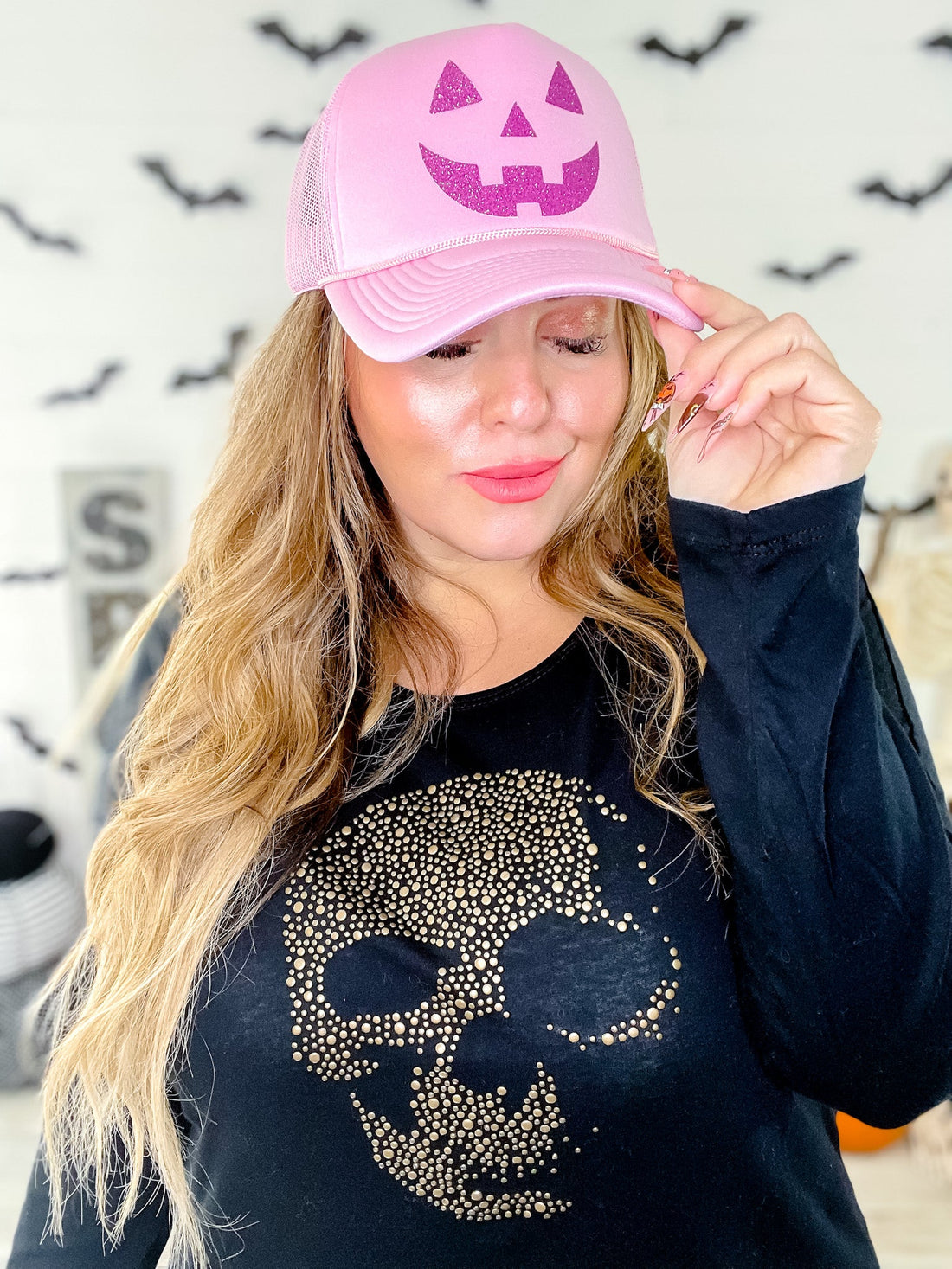 Glittery Pink Jack - O - Lantern Trucker Hat - Whiskey Skies - STATED BRANDS