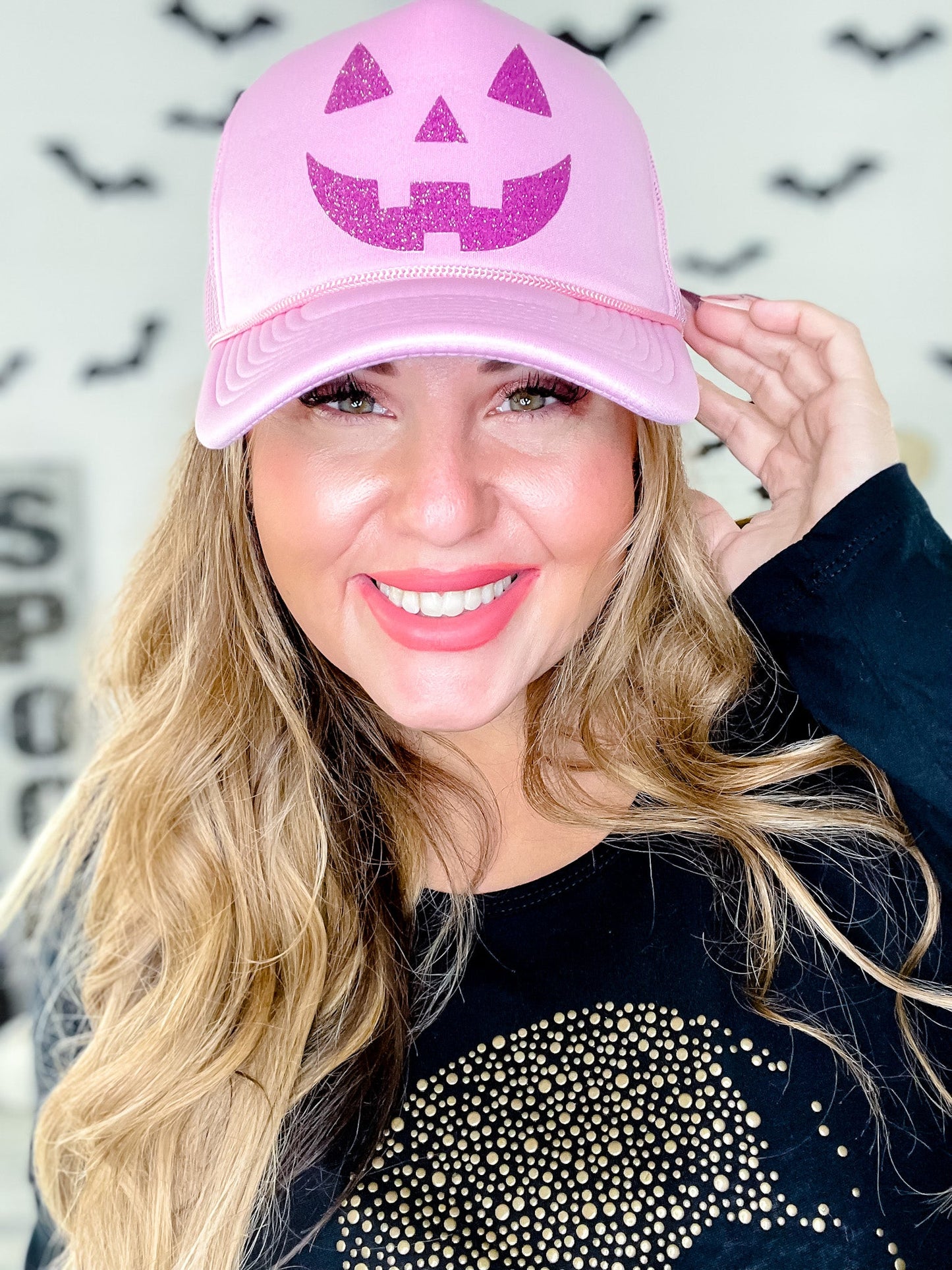 Glittery Pink Jack - O - Lantern Trucker Hat - Whiskey Skies - STATED BRANDS