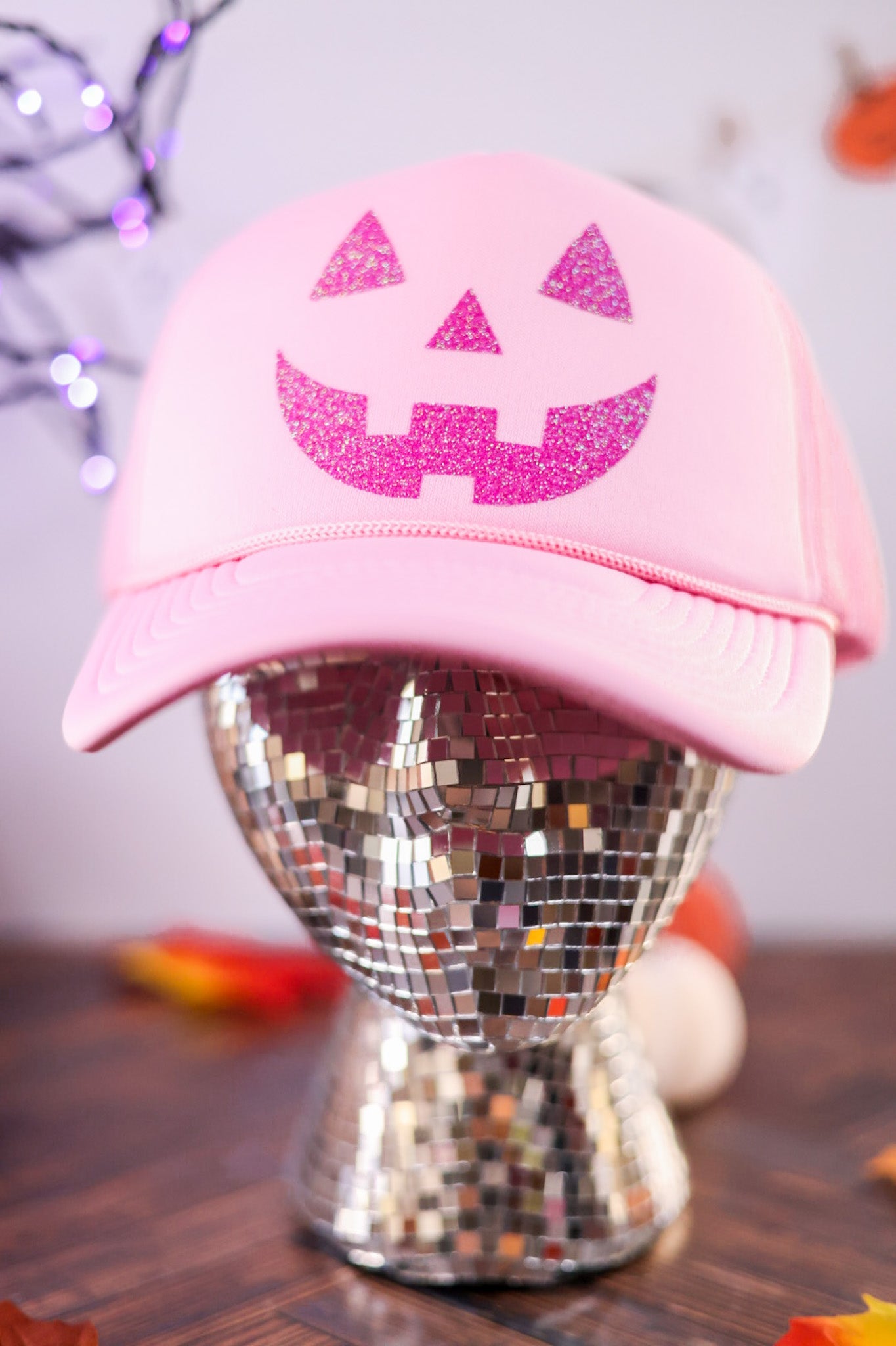 Glittery Pink Jack - O - Lantern Trucker Hat - Whiskey Skies - STATED BRANDS