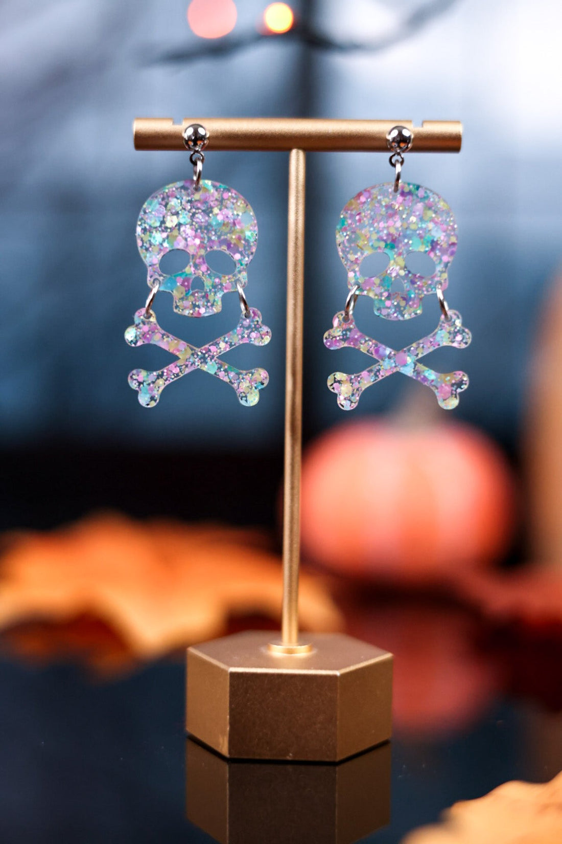 Glittery Skull and Crossbones Dangle Earrings - Whiskey Skies - DOOHICKIES