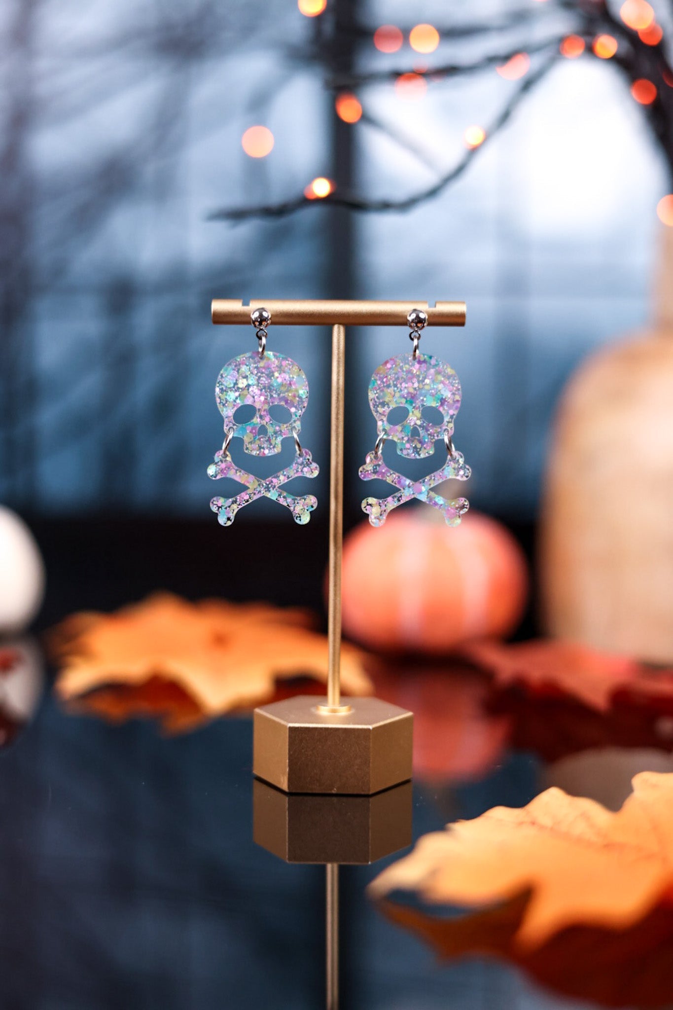 Glittery Skull and Crossbones Dangle Earrings - Whiskey Skies - DOOHICKIES