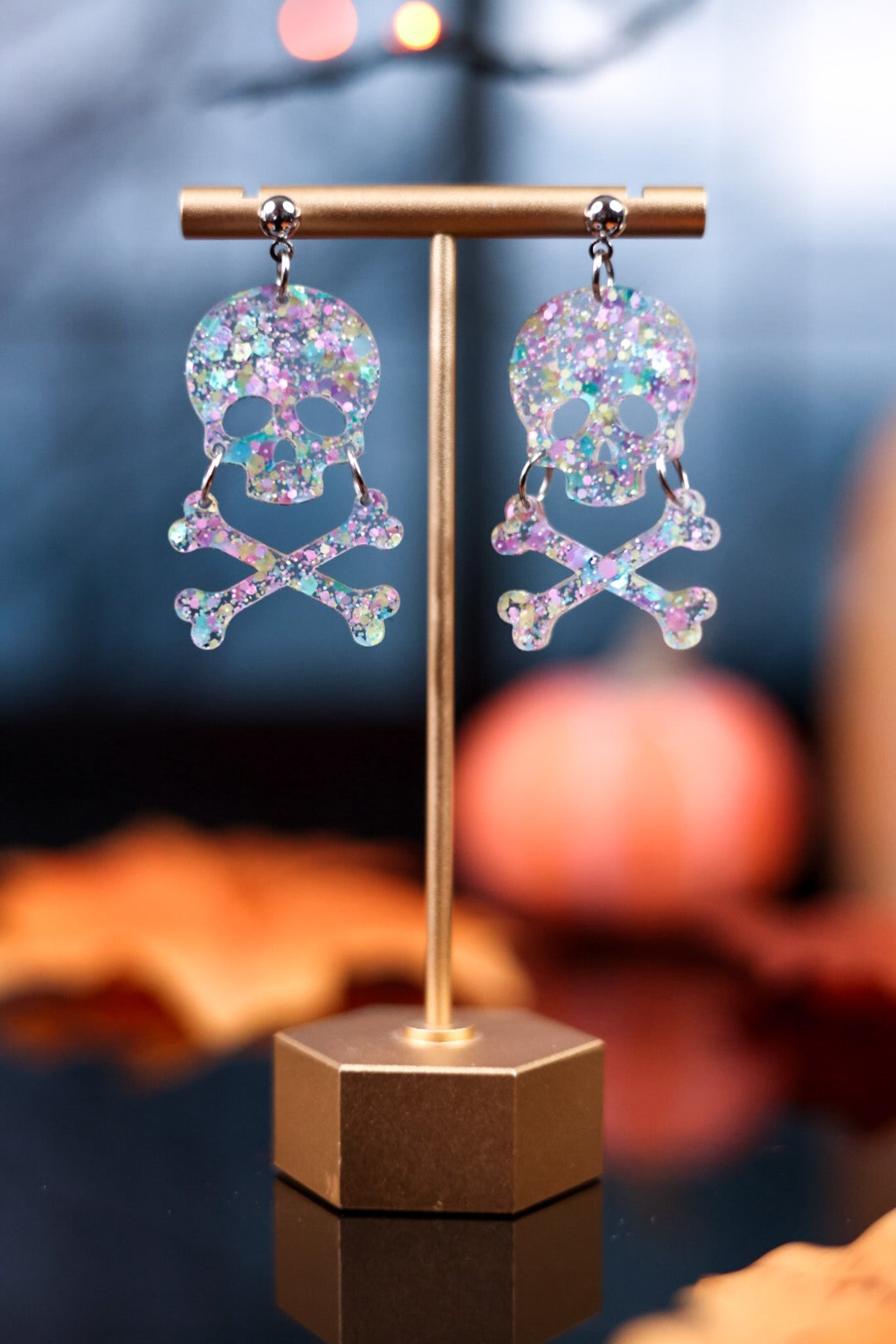 Glittery Skull and Crossbones Dangle Earrings - Whiskey Skies - DOOHICKIES