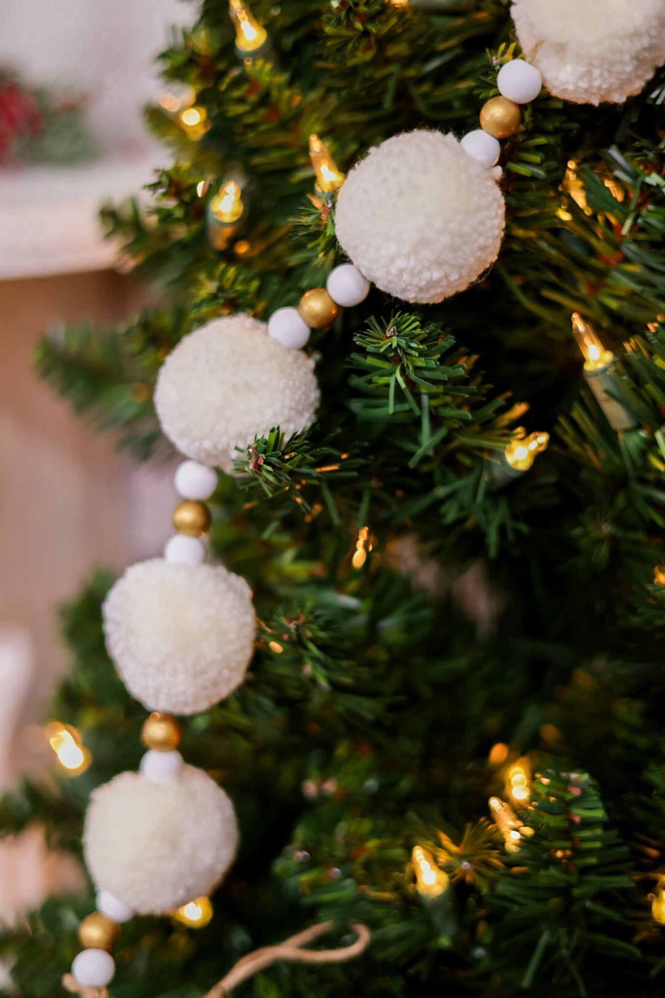 Gold and Ivory Wooden Bead and Pom Pom Garland - Whiskey Skies - ADAMS & CO