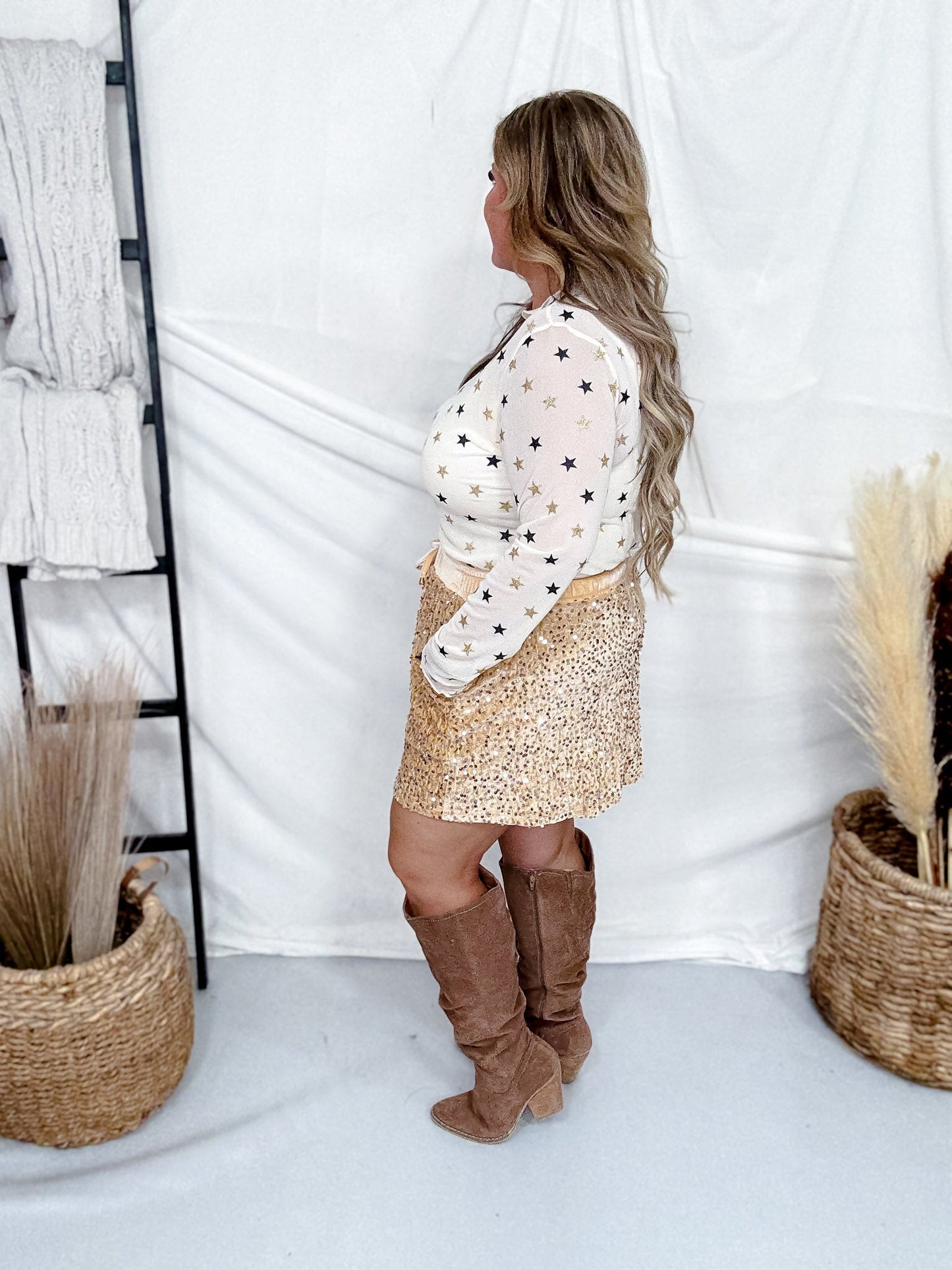 Gold & Black Star Print Long Sleeve Mesh Top - Whiskey Skies - DAVI & DANI