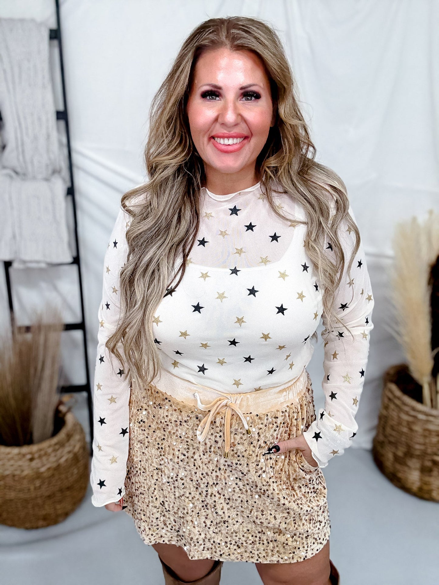 Gold & Black Star Print Long Sleeve Mesh Top - Whiskey Skies - DAVI & DANI