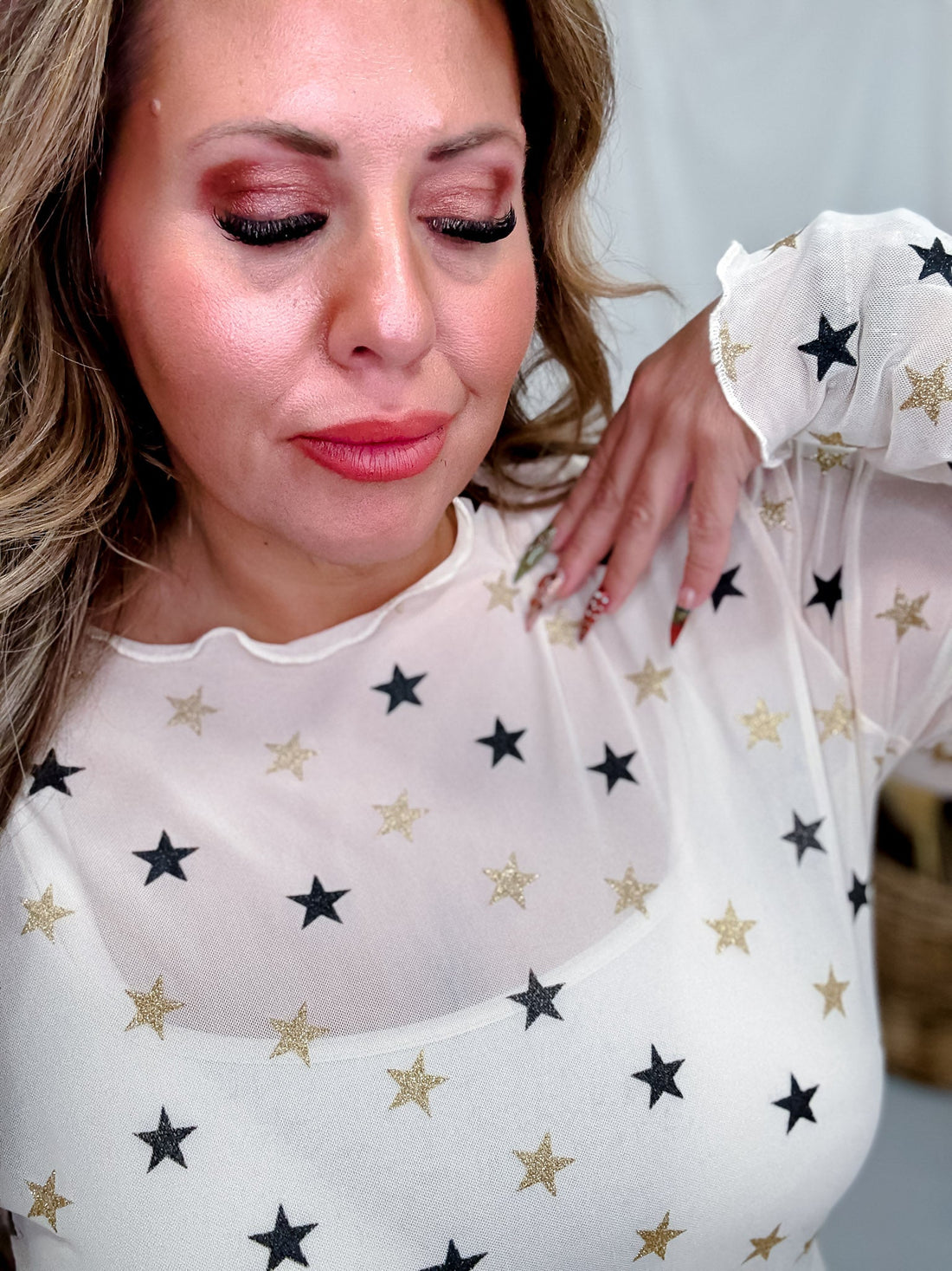 Gold & Black Star Print Long Sleeve Mesh Top - Whiskey Skies - DAVI & DANI