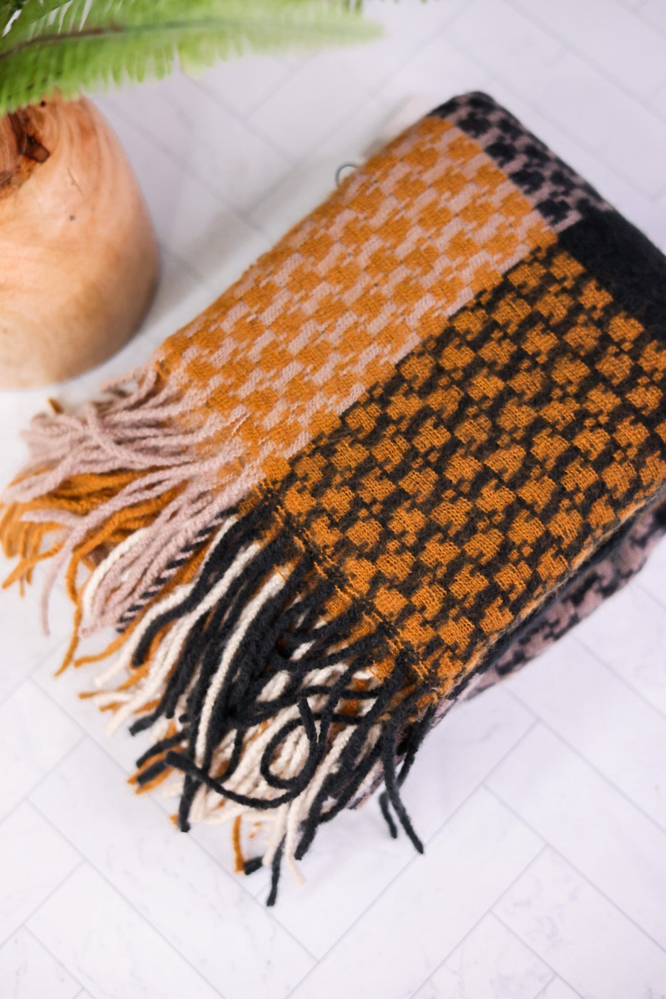 Gold Oakley Plaid Fringe Scarf - Whiskey Skies - HADLEY WREN