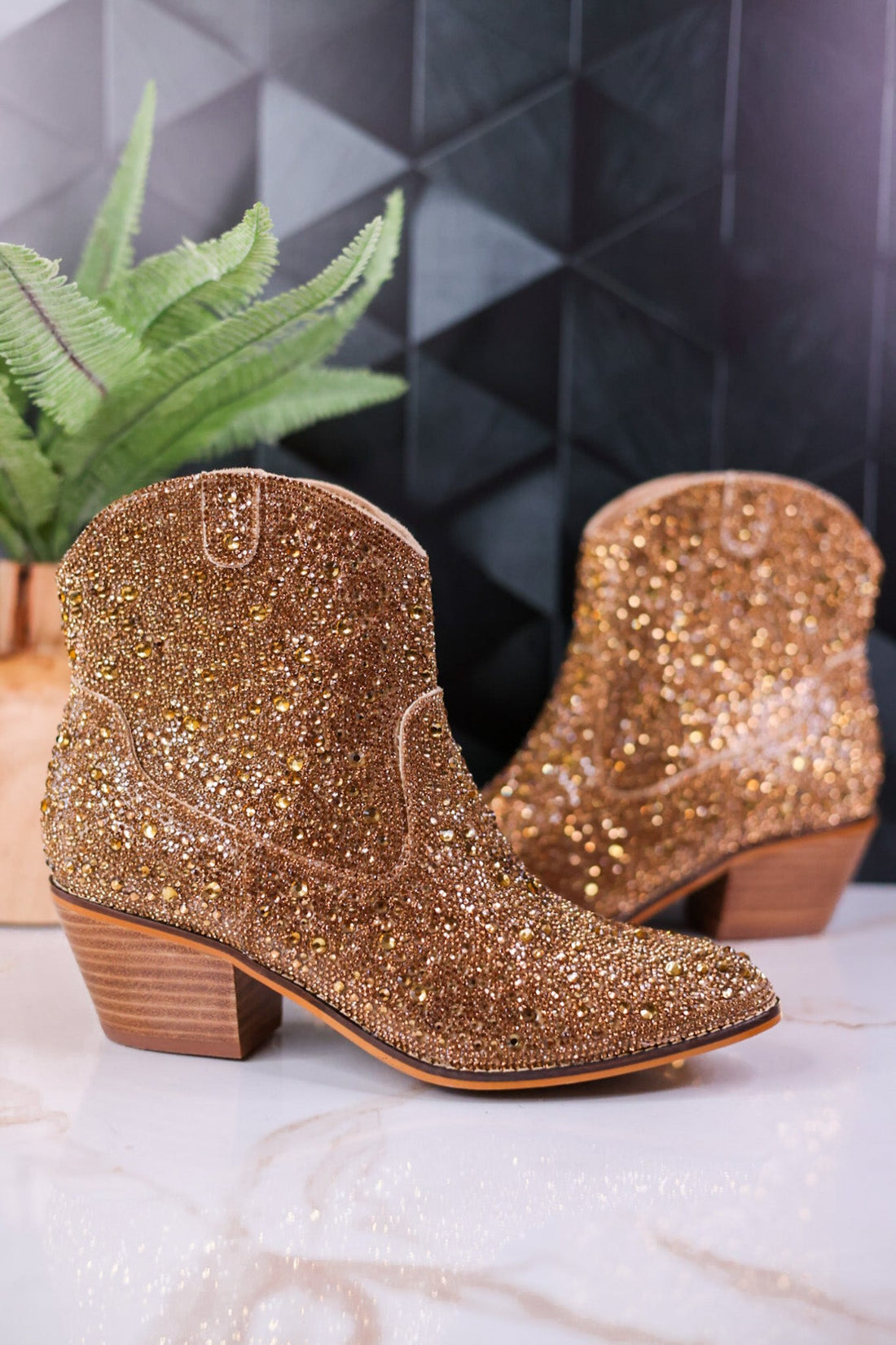 Gold Rhinestone "Shine Bright" Booties - Whiskey Skies - CORKYS FOOTWEAR