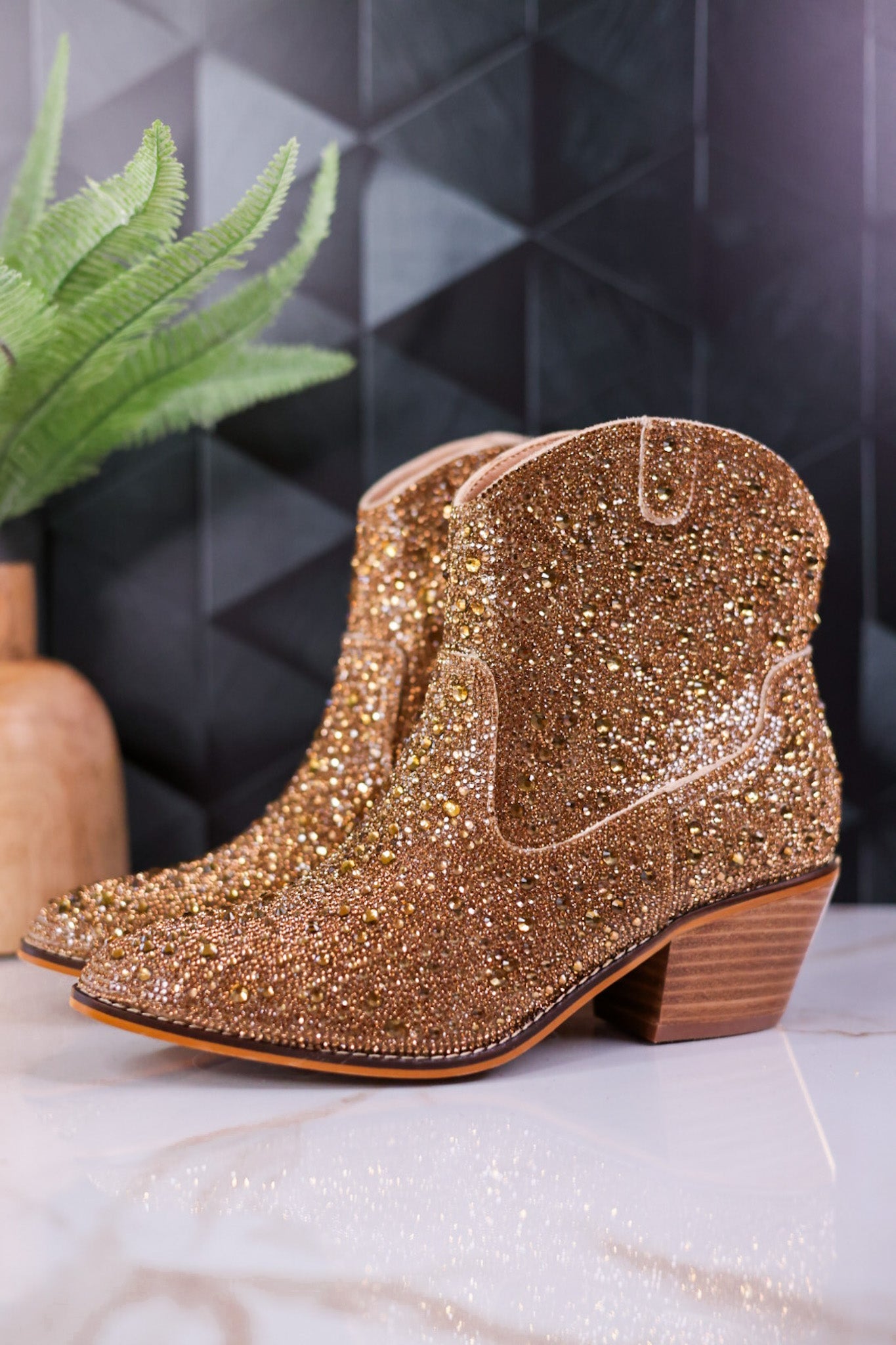 Gold Rhinestone "Shine Bright" Booties - Whiskey Skies - CORKYS FOOTWEAR