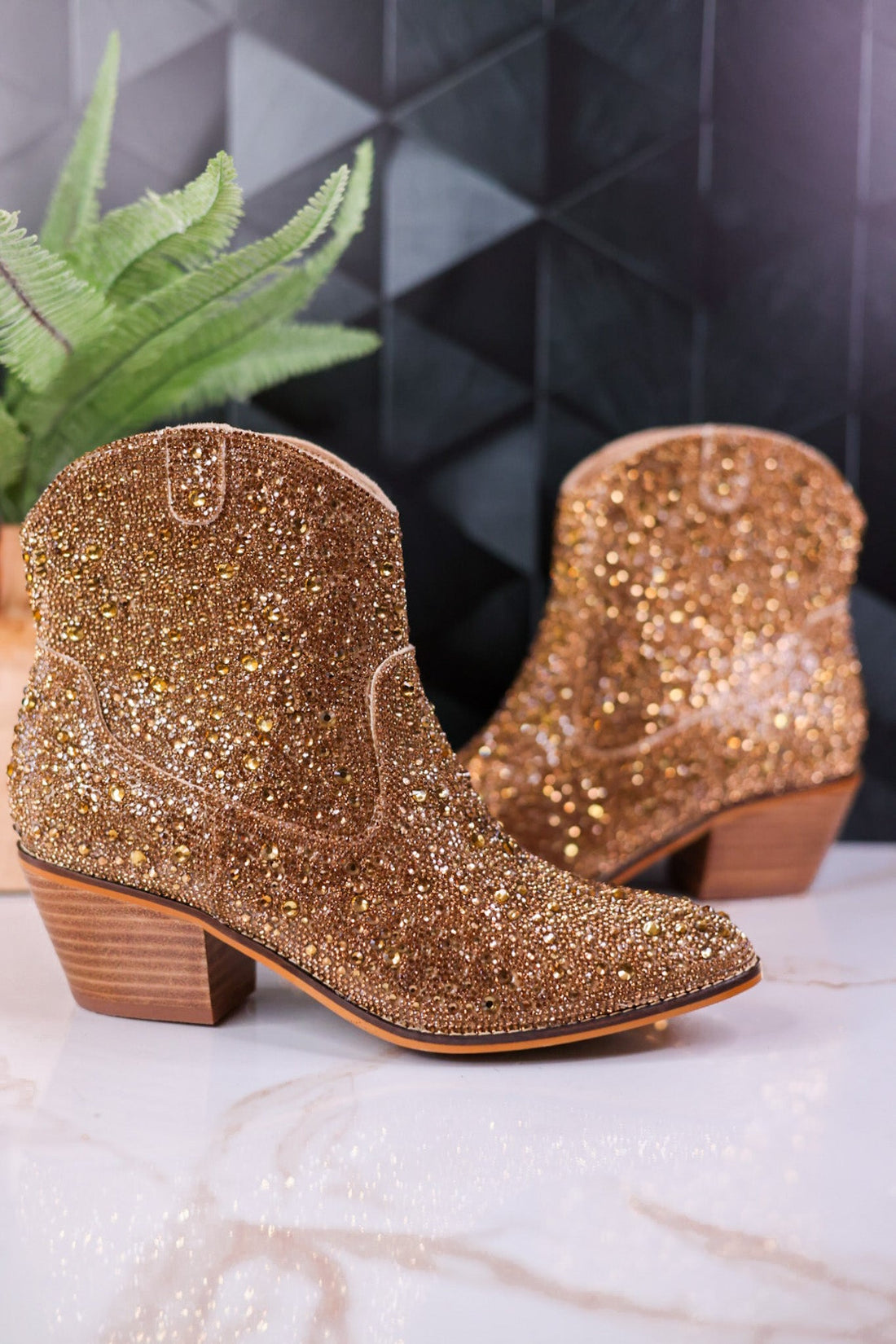 Gold Rhinestone "Shine Bright" Booties - Whiskey Skies - CORKYS FOOTWEAR