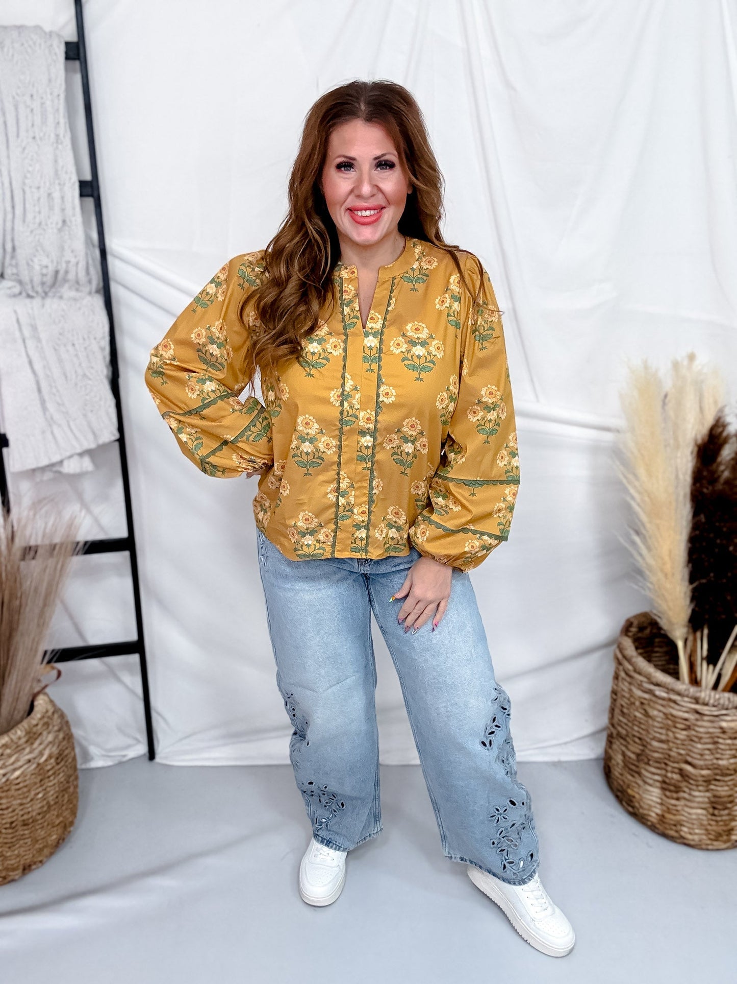 Golden Yellow Lace Trimmed Top With Floral Print - Whiskey Skies - HEIMISH
