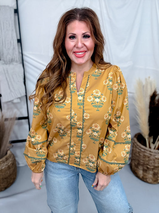 Golden Yellow Lace Trimmed Top With Floral Print - Whiskey Skies - HEIMISH