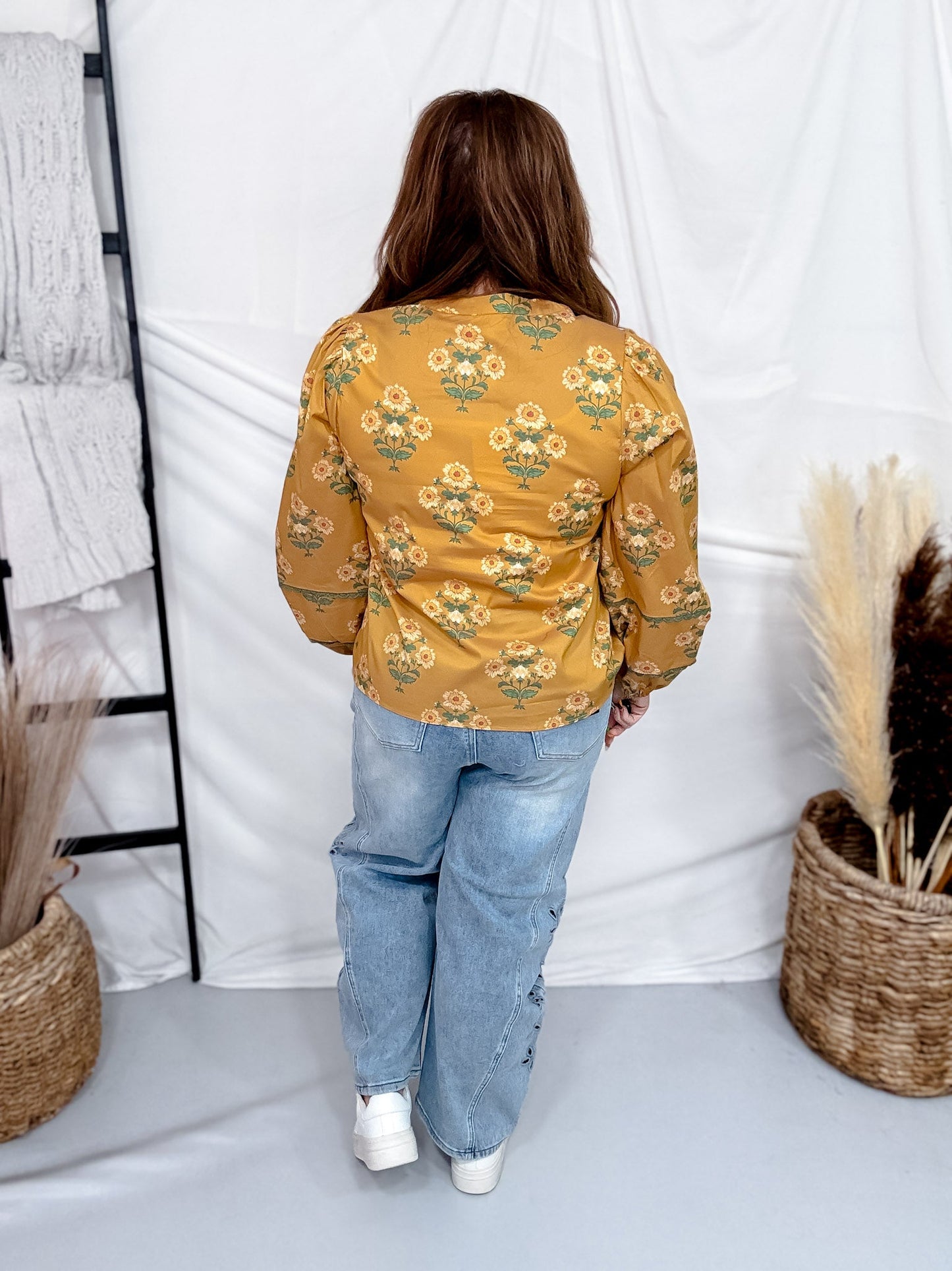 Golden Yellow Lace Trimmed Top With Floral Print - Whiskey Skies - HEIMISH