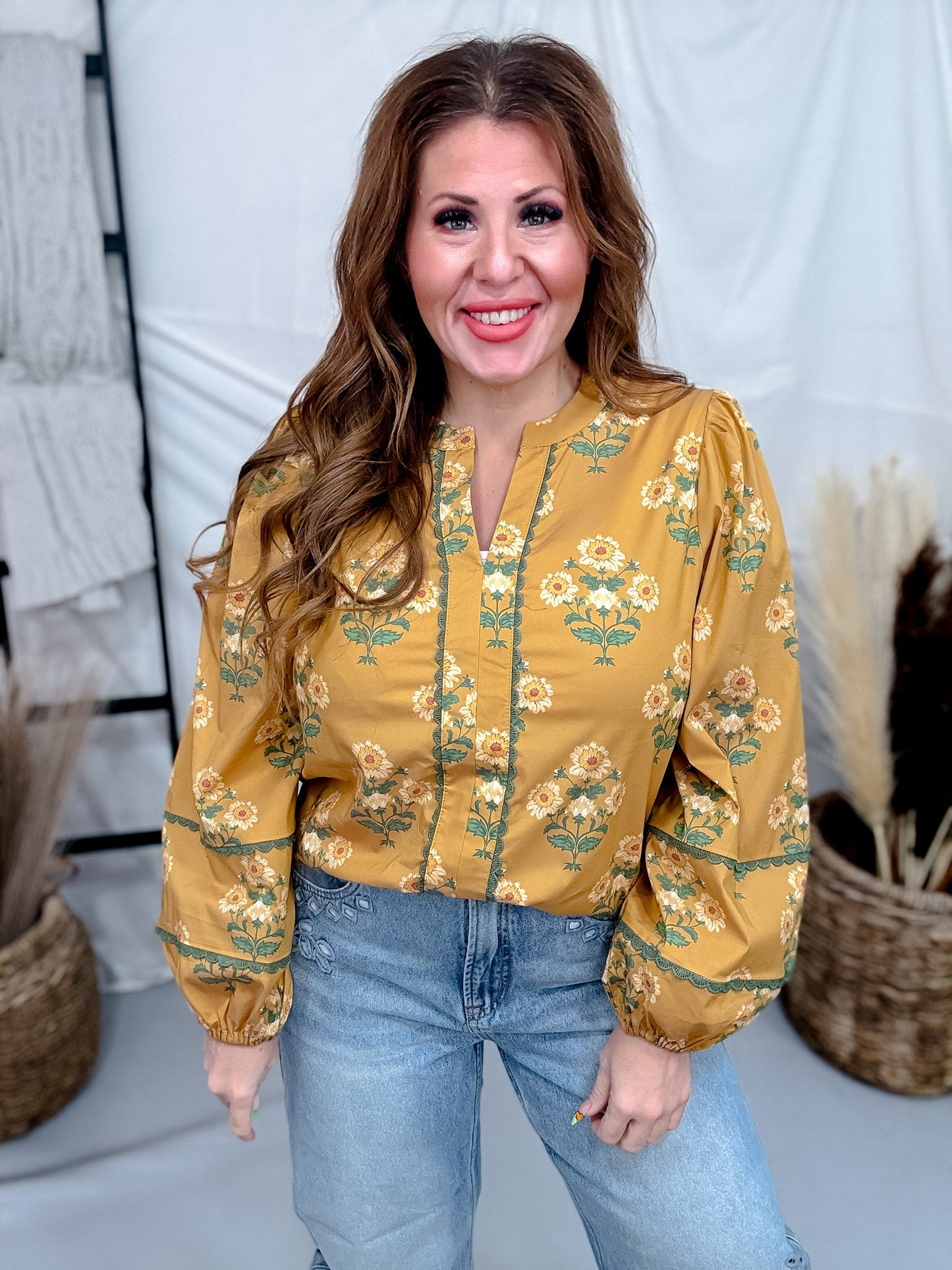 Golden Yellow Lace Trimmed Top With Floral Print - Whiskey Skies - HEIMISH