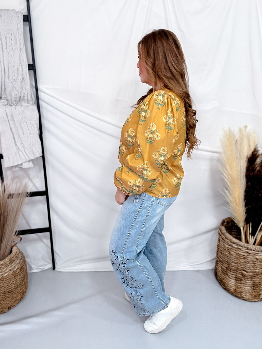 Golden Yellow Lace Trimmed Top With Floral Print - Whiskey Skies - HEIMISH