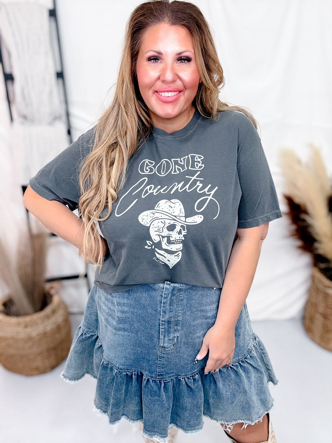 "Gone Country" Skull & Cowboy Hat Midi Graphic T-Shirt - Whiskey Skies - STATED BRANDS