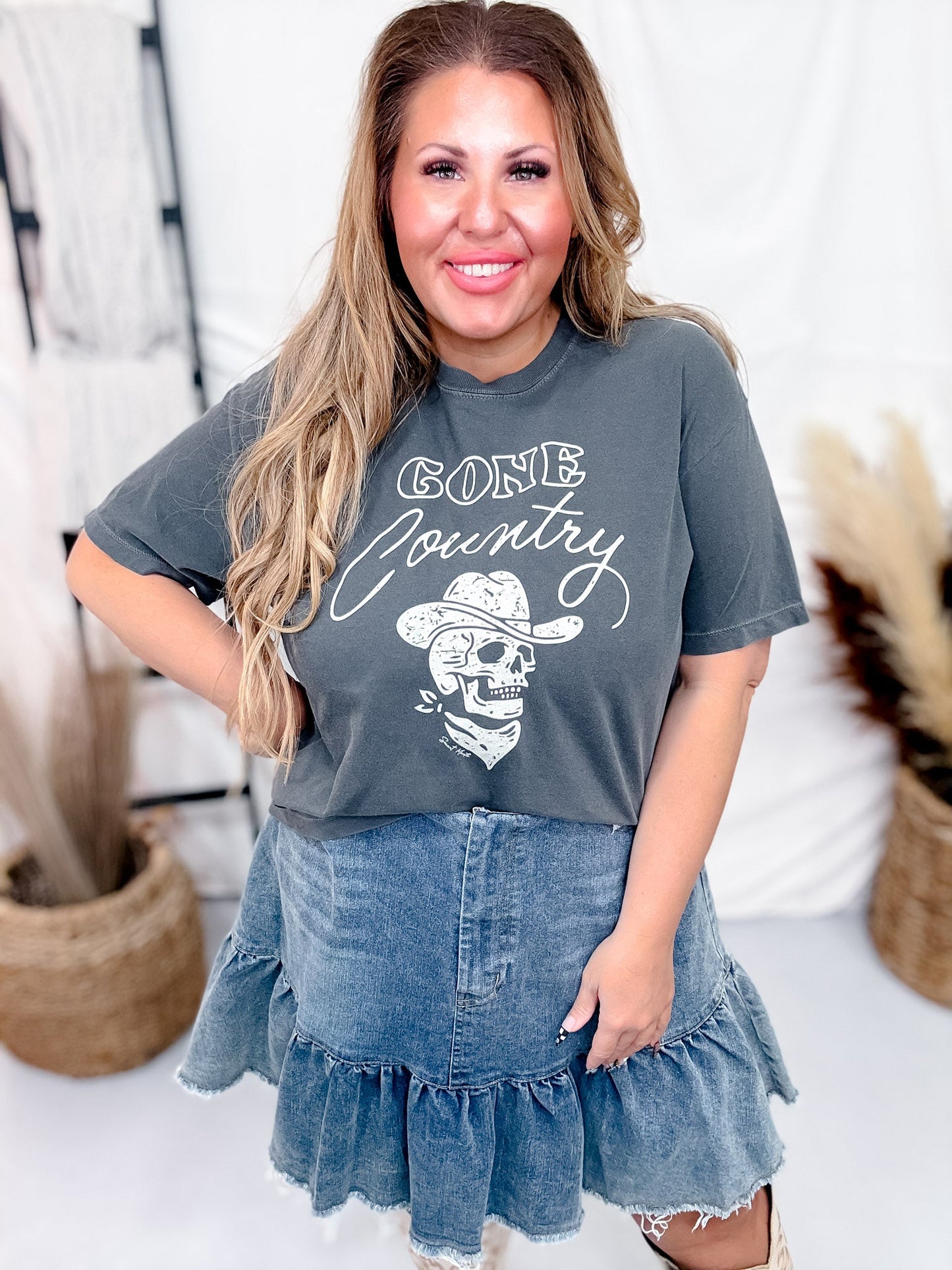 "Gone Country" Skull & Cowboy Hat Midi Graphic T-Shirt - Whiskey Skies - STATED BRANDS