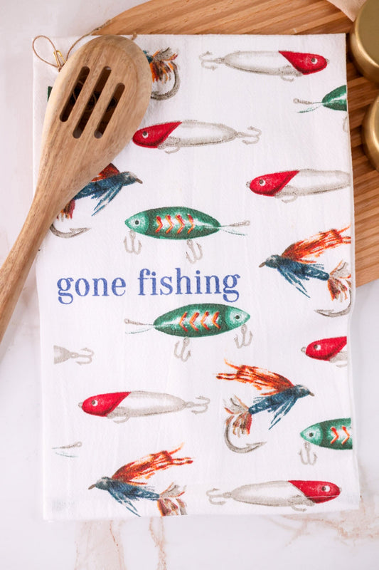 "Gone Fishing" Flour Sack Towel - Whiskey Skies - MUD PIE