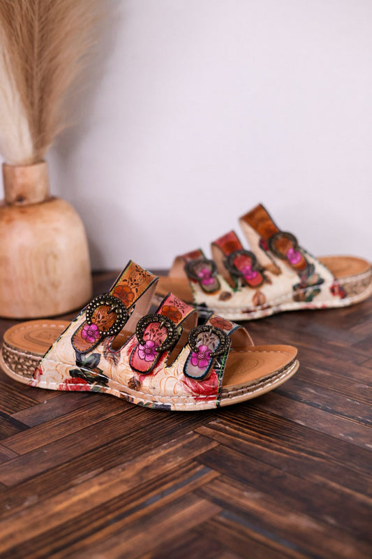 Gotta Have It Multicolored Embossed Leather Sandals - Whiskey Skies - SPRING FOOTWEAR