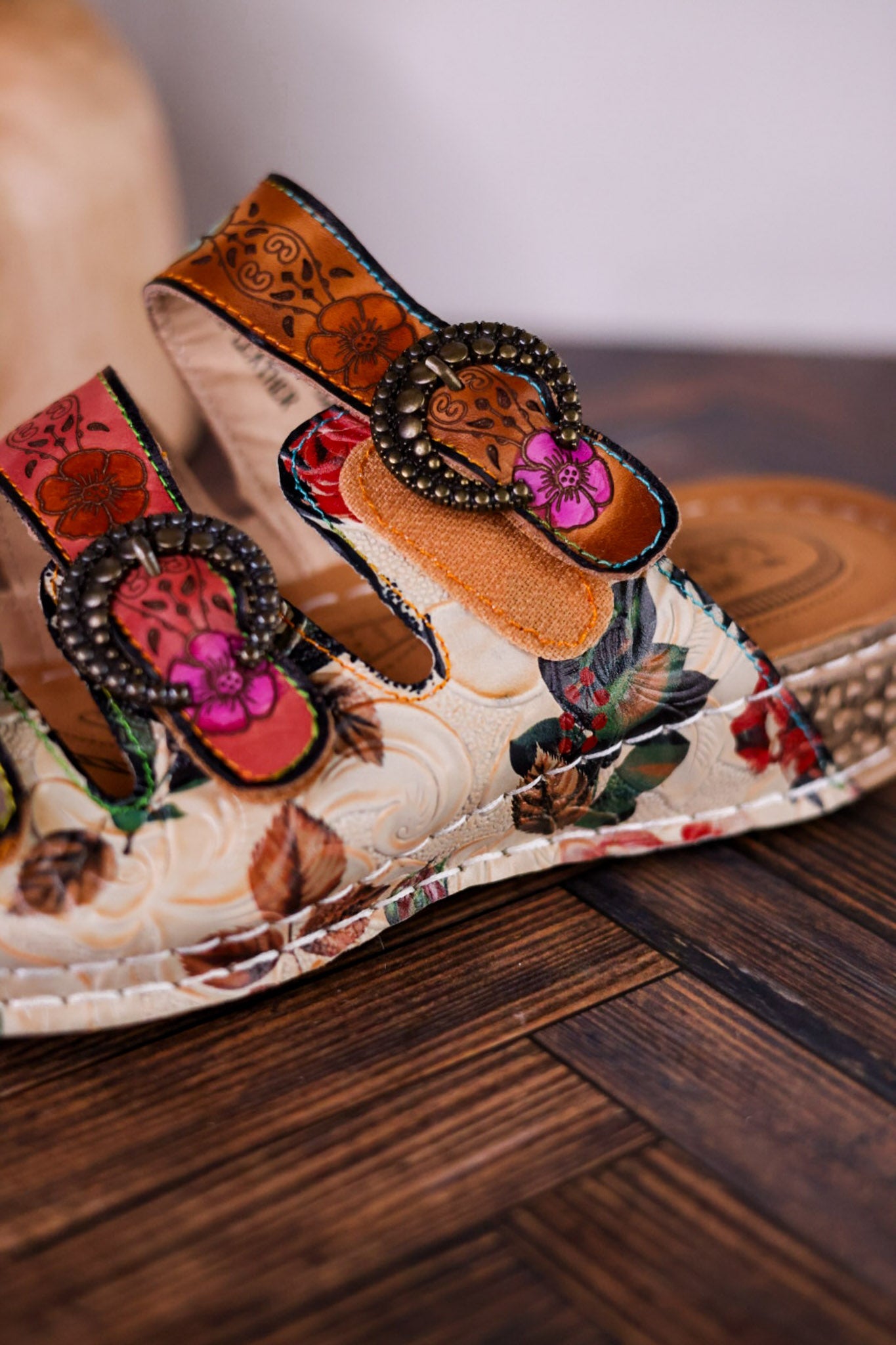 Gotta Have It Multicolored Embossed Leather Sandals - Whiskey Skies - SPRING FOOTWEAR