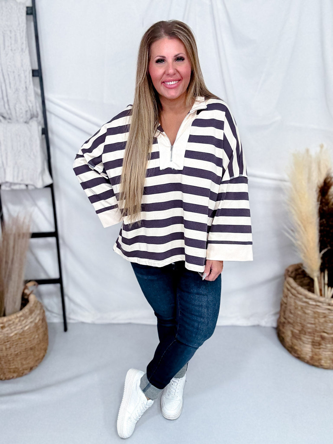 Gray & Cream Striped Sweatshirt With Half Zip Neckline - Whiskey Skies - POLAGRAM + BAEVELY