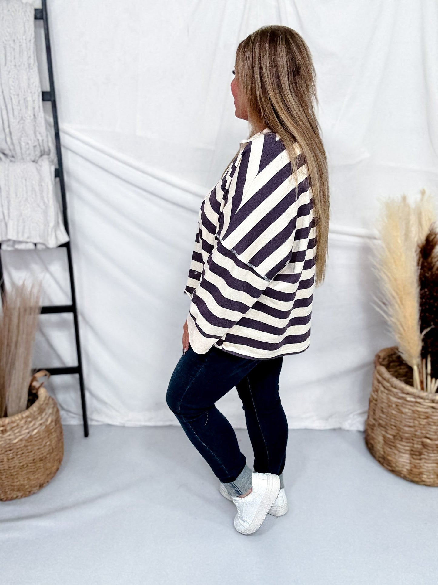Gray & Cream Striped Sweatshirt With Half Zip Neckline - Whiskey Skies - POLAGRAM + BAEVELY