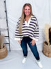 Gray & Cream Striped Sweatshirt With Half Zip Neckline - Whiskey Skies - POLAGRAM + BAEVELY