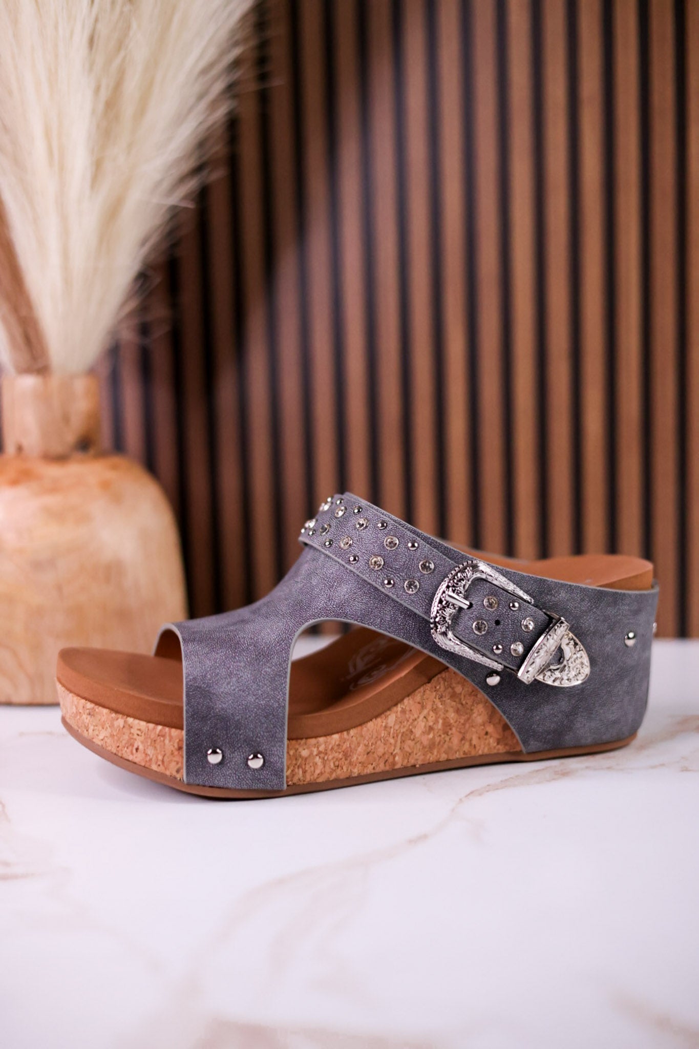 Gray "Dolly" Wedges With Rhinestone Accents - Whiskey Skies - VERY G