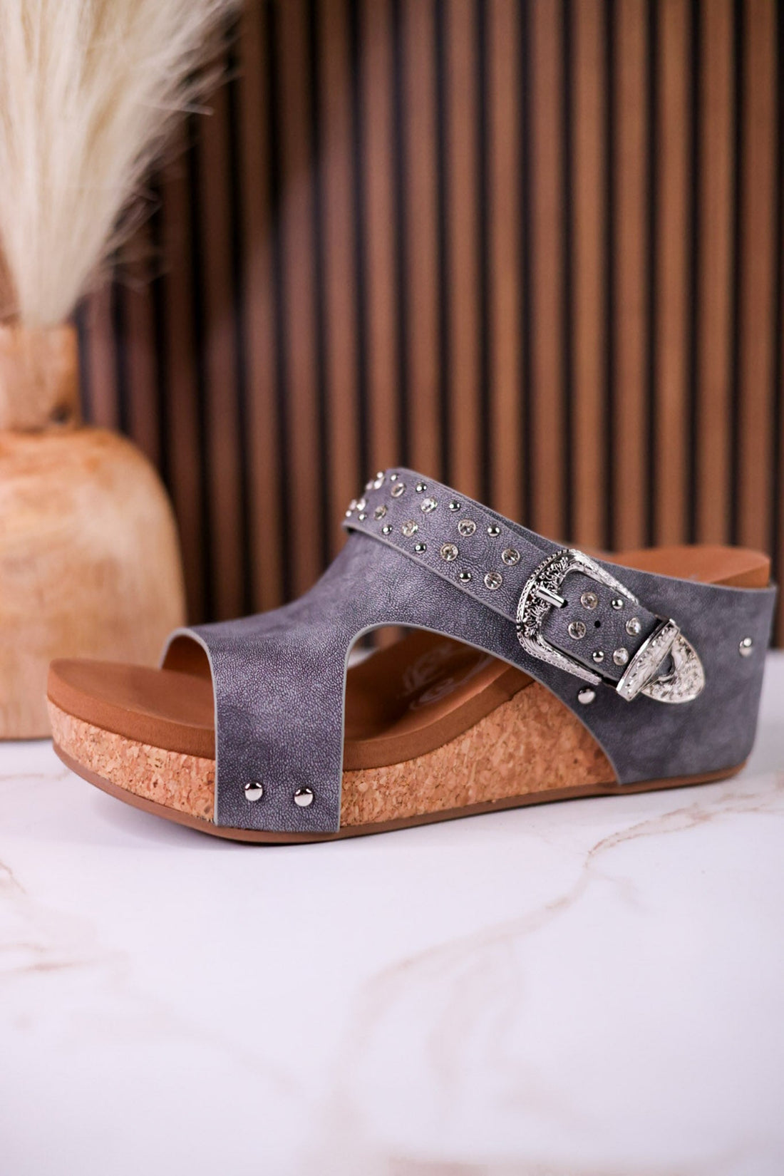 Gray "Dolly" Wedges With Rhinestone Accents - Whiskey Skies - VERY G