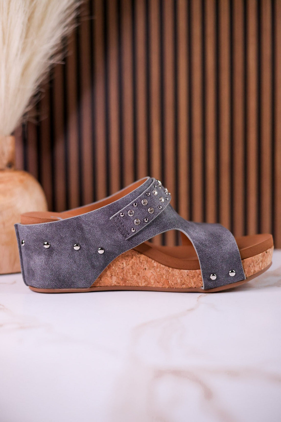 Gray "Dolly" Wedges With Rhinestone Accents - Whiskey Skies - VERY G