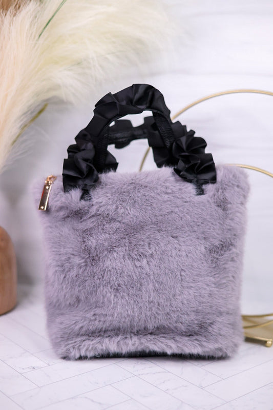 Gray Faux Fur Purse with Satin Strap - Whiskey Skies - COCO + CARMEN