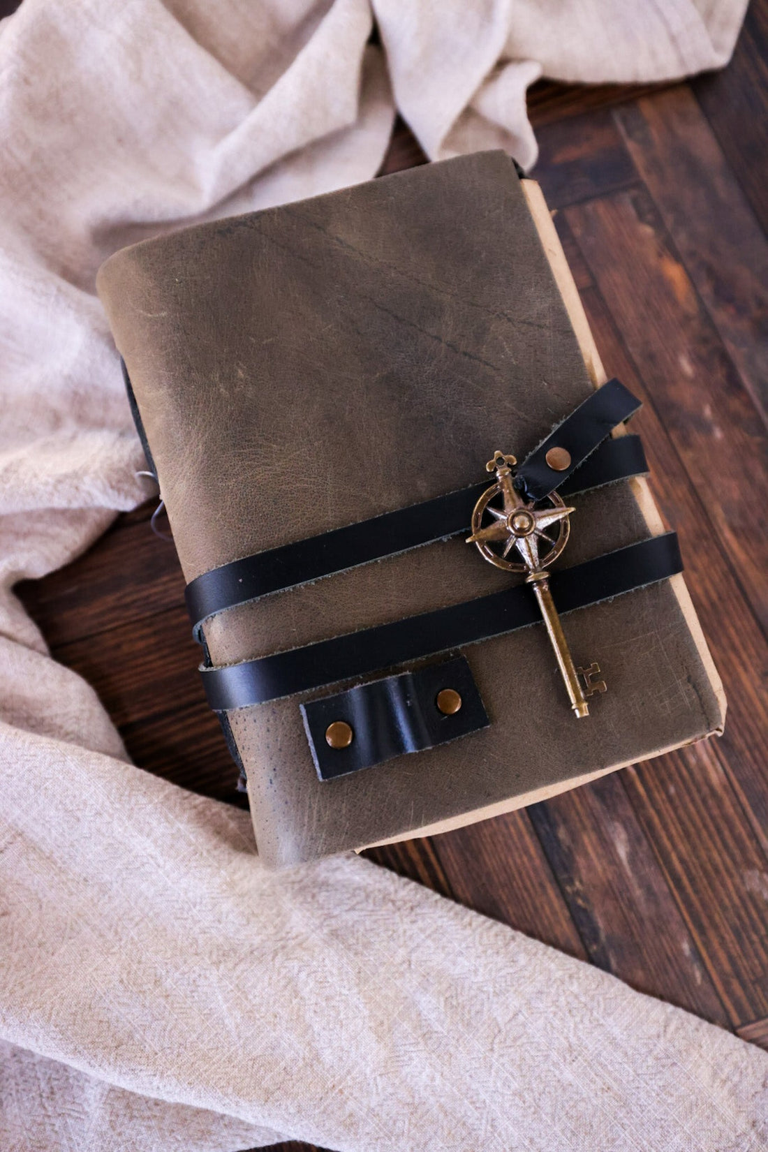 Gray Leather Journal with Handmade Pages - Whiskey Skies - TAG