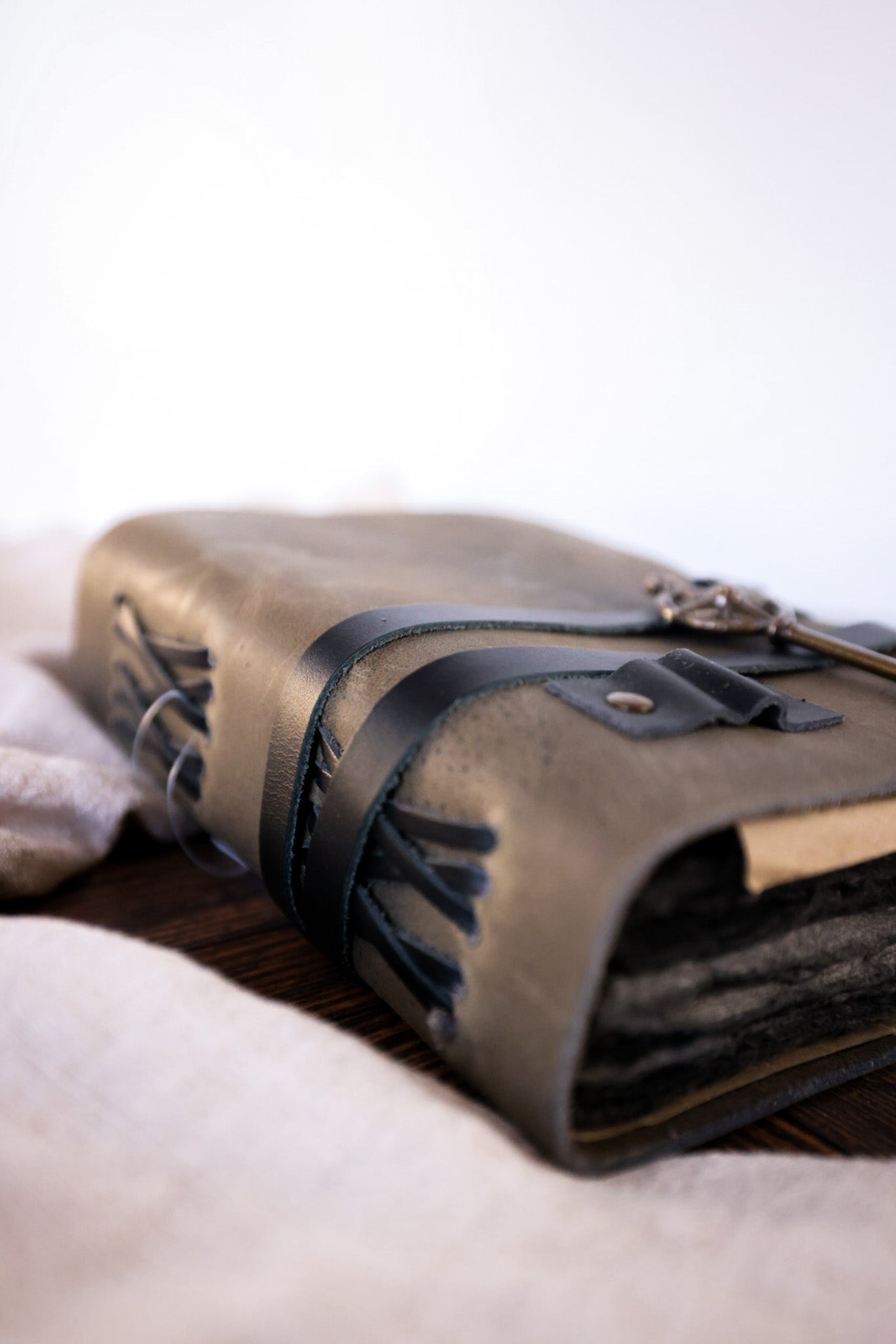 Gray Leather Journal with Handmade Pages - Whiskey Skies - TAG