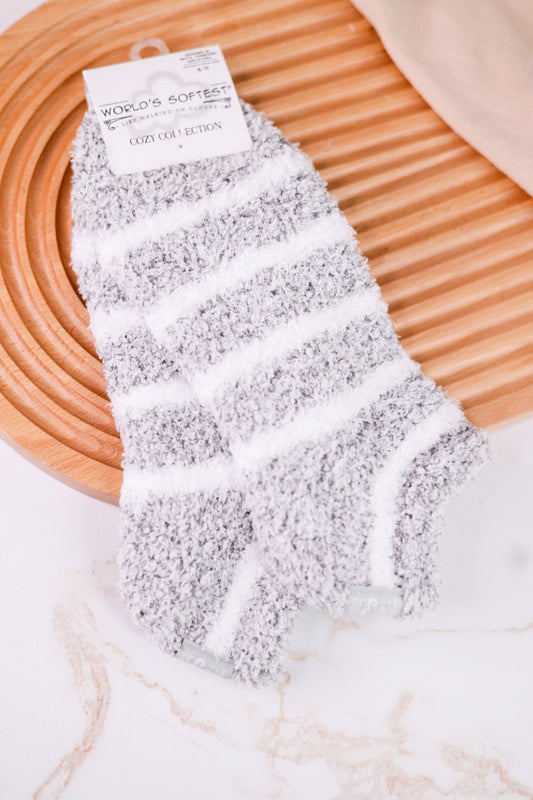 Gray & White Striped Fuzzy Ankle Socks - Whiskey Skies - CRESCENT SOCK COMPANY